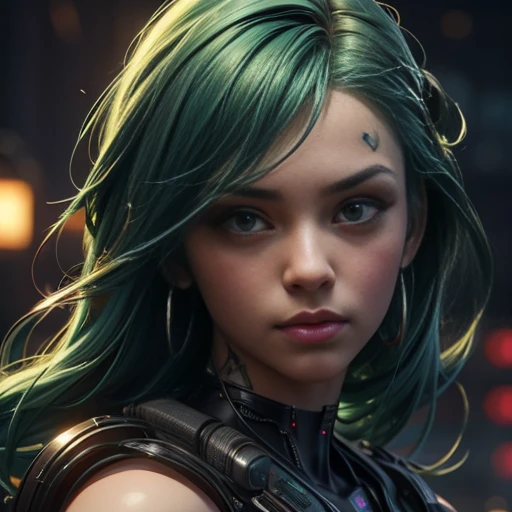 there is a close up of a woman with green hair and tattoos, cyberpunk art inspired by WLOP, cgsociety contest winner, fantasy art, realistic digital art 4k, realistic digital art 4 k, 4k highly detailed digital art, beautiful cyberpunk girl face, 8 k realistic digital art, hyperrealistic fantasy art, beautiful digital artwork, ultra realistic concept art
