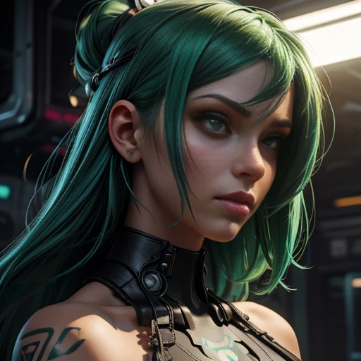 there is a close up of a woman with green hair and tattoos, cyberpunk art inspired by WLOP, cgsociety contest winner, fantasy art, realistic digital art 4k, realistic digital art 4 k, 4k highly detailed digital art, beautiful cyberpunk girl face, 8 k realistic digital art, hyperrealistic fantasy art, beautiful digital artwork, ultra realistic concept art