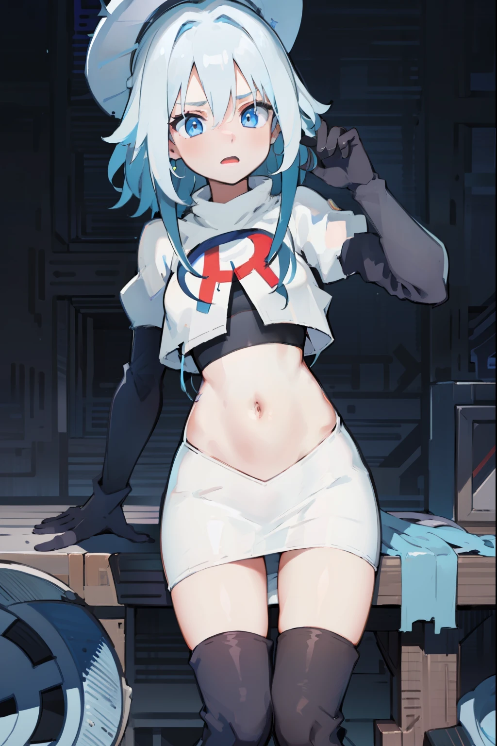 furina, 1girl, solo, long hair, blue eyes, jewelry, blue hair, ahoge, blue hair, white hair, heart, streaked hair, symbol-shaped pupils,blue headwear,team rocket,team rocket uniform,red letter R, white skirt,crop top, black thigh-high boots,black elbow gloves,