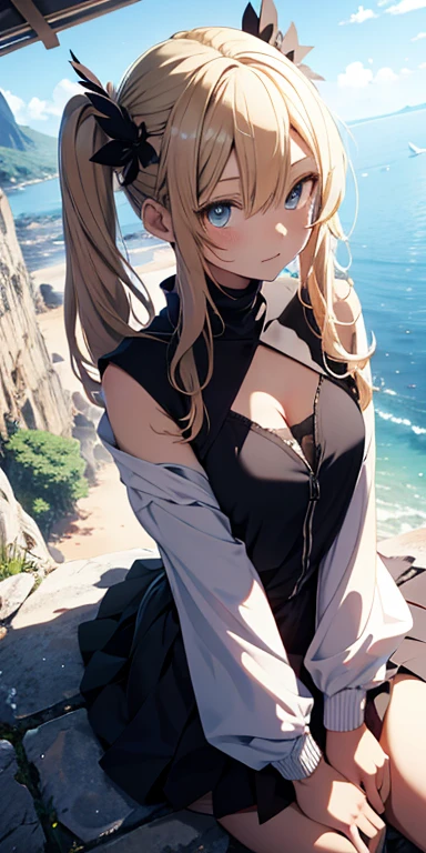 masterpiece, rich colors, Best quality, detailed, high resolution, Hyper quality, high detail, , high quality, detailing, skinny y gire beach , bright lighting , Brown eyes, Anime, palm trees, bright lighting, blonde,
