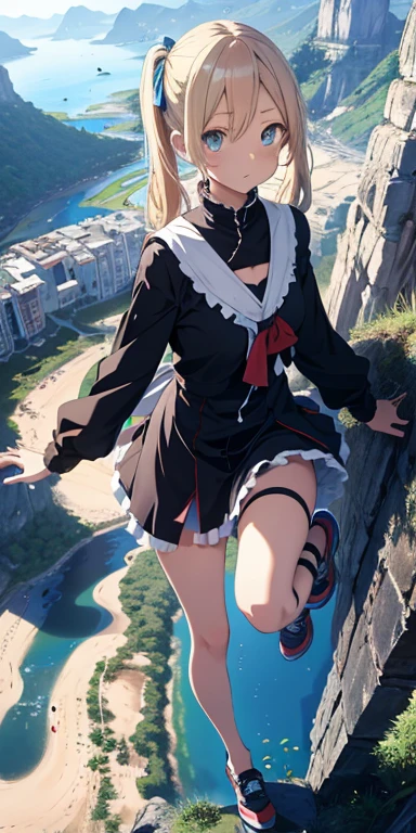 absurd res, hight resolution, (masutepiece:1.4), Ultra-detailed, 1girl in, From above, spaces, floating,Little Girl, sloping,Blue Eye,a blond,Twin tail