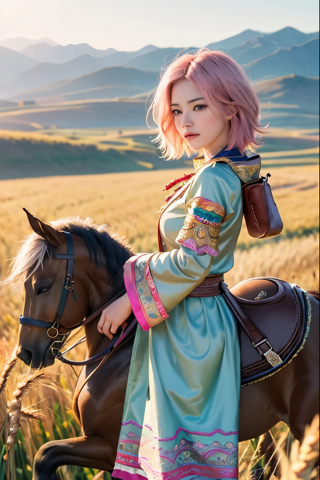(8K, top-quality, masterpiece:1,2), (reallistic, Photorealsitic:1.37), Super Detail, One girl,), (Highly detailed), (beautifully detailed eyes), (of the highest quality), (super detailed ), (masterpiece), (Detailed face),20yr old, ,1 girl, full body, pink hair,Very short hair, medium breasts, clothed, Perfect Lighting, pussy and breast focus, looking at viewer, aroused face, naughty face, ((tibetan national costume, wheat field, horse, riding horse, full-length portrait of horse, from side)),dusk