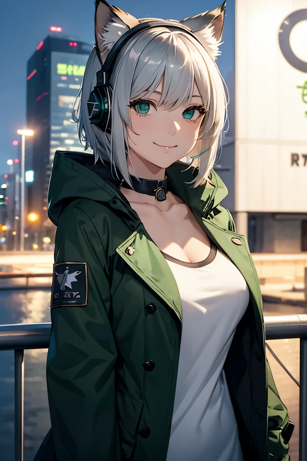 female solo、Messy short silver hair、a smile、Sharp eyes、Emerald green eyes、full breasted white t-shirt、Moss green coat、black cat ear headset、GM6 lynx、Cool pose、city of los angeles、Night Background、girls' frontline、Dolls Frontline、high-level image quality、hightquality、high-detail