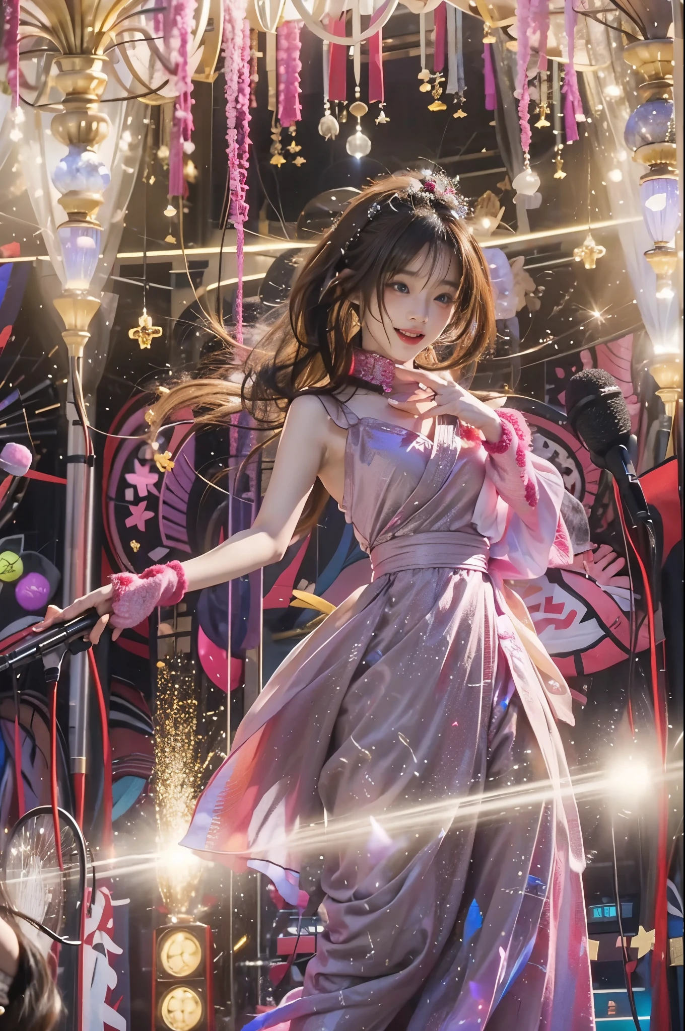 On the stage of the annual "Kohaku Uta Gassen," a 28-year-old brunette with tousled hair stands poised, clutching a microphone. The atmosphere is electric, set in an opulent venue adorned with dazzling lights and vibrant decorations. As she begins to sing, the air is filled with celebration, creating a joyous and festive ambiance. Capture the essence of this moment with vivid descriptions of her performance, the glamorous setting, and the overall jubilant mood.