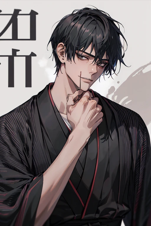 {{top-quality,masterpiece,8k wallpaper}},Ultra-detailed CG Unity,Particle,Cinematographic lighting,((One Man)),a handsome,20-year-old man,((bust up esbian,Face looking down,low angles,Looking at the camera)),mocking look,close up of face,sharp gaze,((Black eyes,)),short-haired,Hakama,New Year Japan