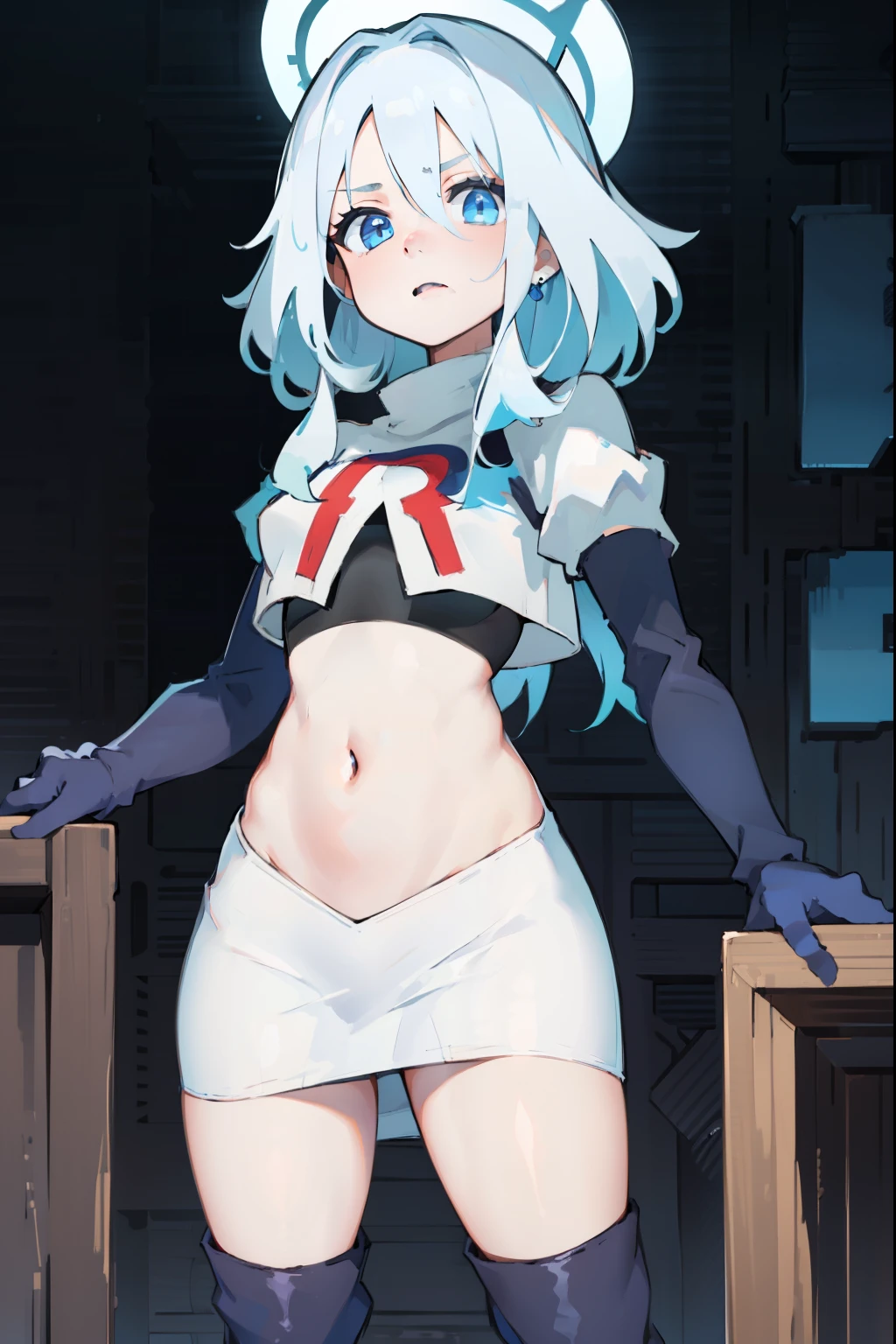 furina, 1girl, solo, long hair, blue eyes, jewelry, blue hair, ahoge, blue hair, white hair, heart, streaked hair, symbol-shaped pupils,blue headwear,team rocket,team rocket uniform,red letter R, white skirt,crop top, black thigh-high boots,black elbow gloves,