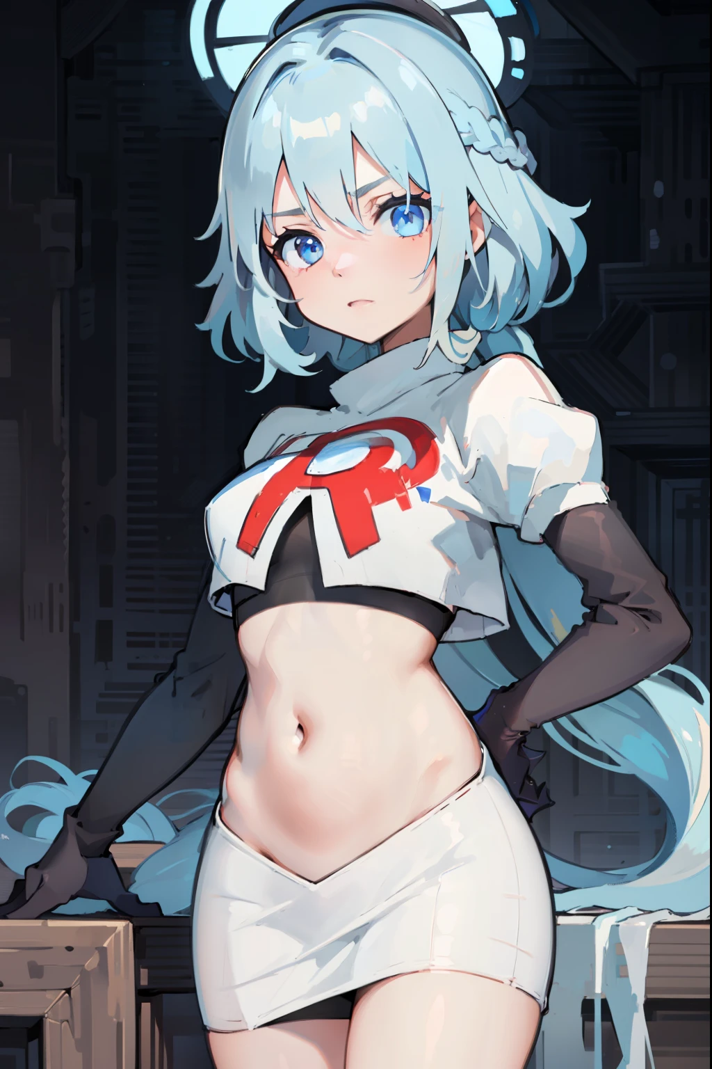 furina, 1girl, solo, long hair, blue eyes, jewelry, blue hair, ahoge, blue hair, white hair, heart, streaked hair, symbol-shaped pupils,blue headwear,team rocket,team rocket uniform,red letter R, white skirt,crop top, black thigh-high boots,black elbow gloves,