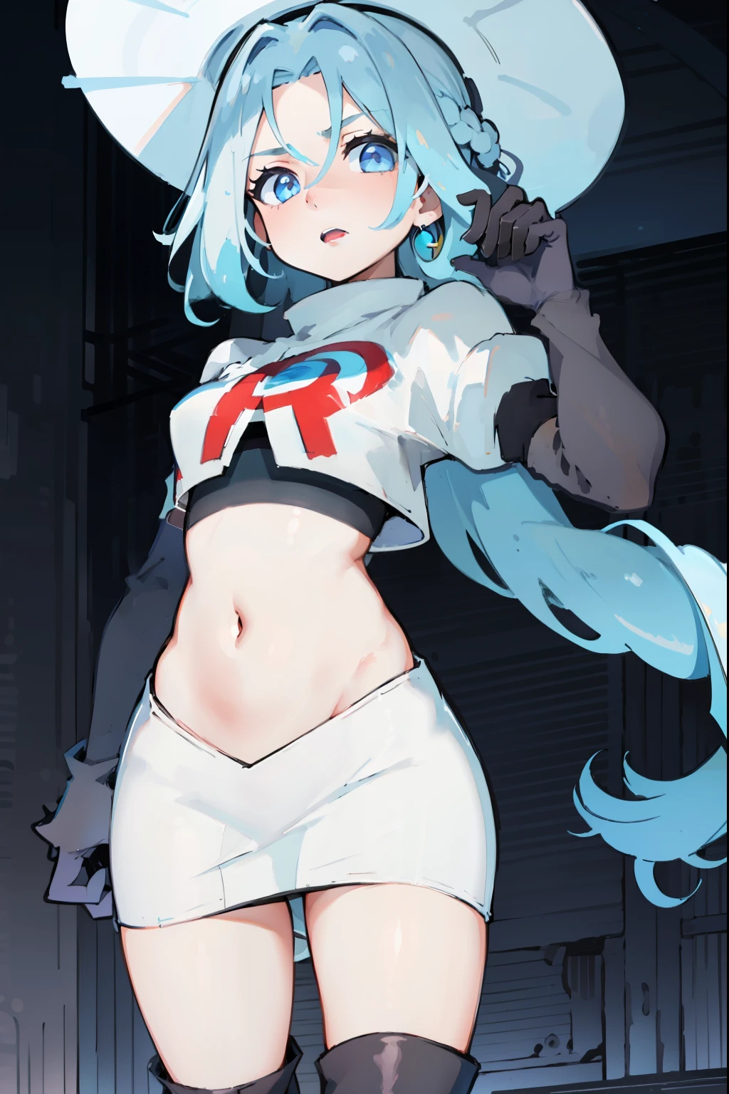 furina, 1girl, solo, long hair, blue eyes, jewelry, blue hair, ahoge, blue hair, white hair, heart, streaked hair, symbol-shaped pupils,blue headwear,team rocket,team rocket uniform,red letter R, white skirt,crop top, black thigh-high boots,black elbow gloves,