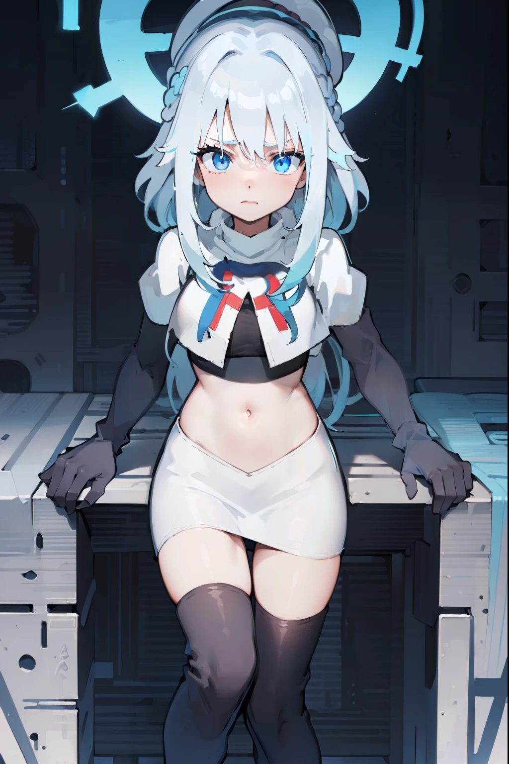 furina, 1girl, solo, long hair, blue eyes, jewelry, blue hair, ahoge, blue hair, white hair, heart, streaked hair, symbol-shaped pupils,blue headwear,team rocket,team rocket uniform,red letter R, white skirt,crop top, black thigh-high boots,black elbow gloves,