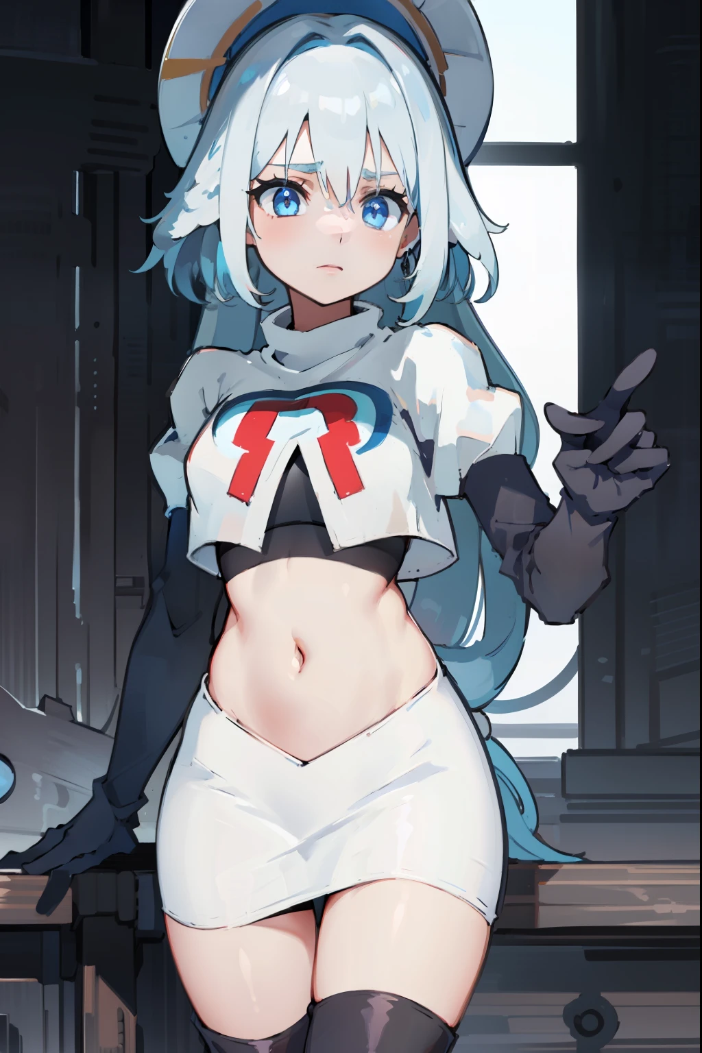 One girl, Delicate face, of the highest quality, The 8k quality, team rocket,team rocket uniform,white skirt,red letter R,crop top,black thigh-highs,black elbow gloves