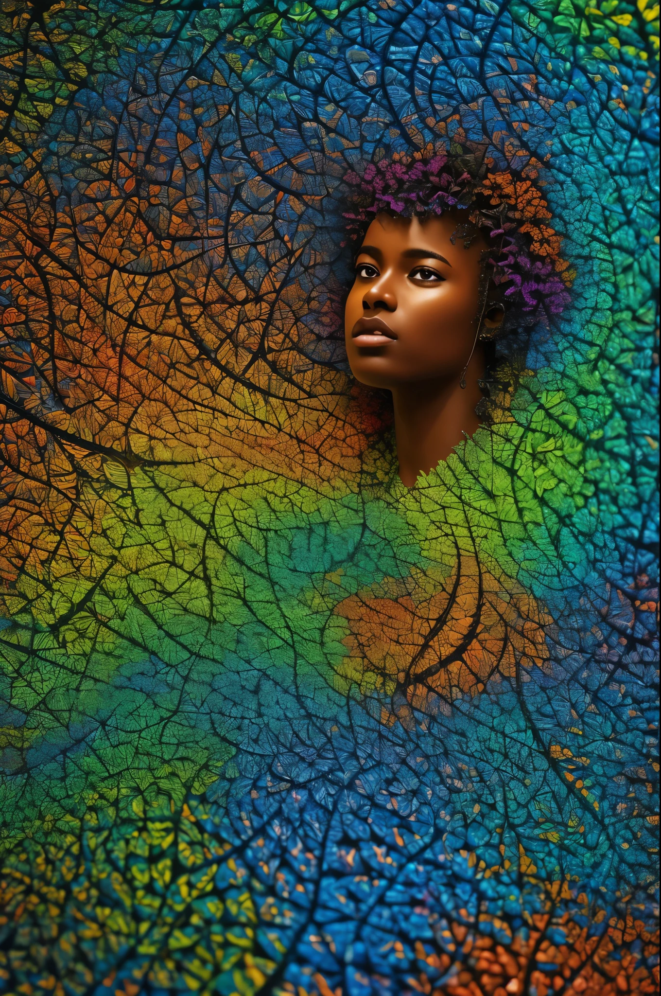 master part, melhor qualidade, ultra high-resolution, 1 africana de pele escura, (Arte Fractal:1.3), sombra profunda, tema escuro, totalmente vestido, colar, abandonado, cowboy shot, Seios colossais,