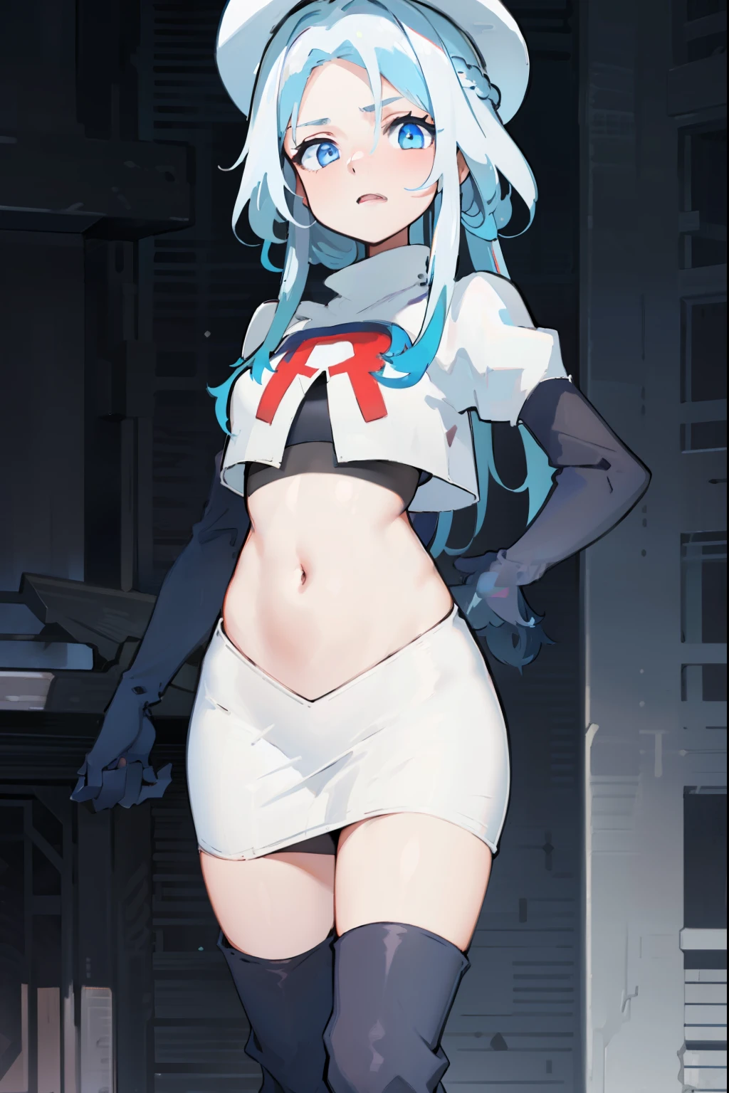 furina, 1girl, solo, long hair, blue eyes, jewelry, blue hair, ahoge, blue hair, white hair, heart, streaked hair, symbol-shaped pupils,blue headwear,team rocket,team rocket uniform,red letter R, white skirt,crop top, black thigh-high boots,black elbow gloves,