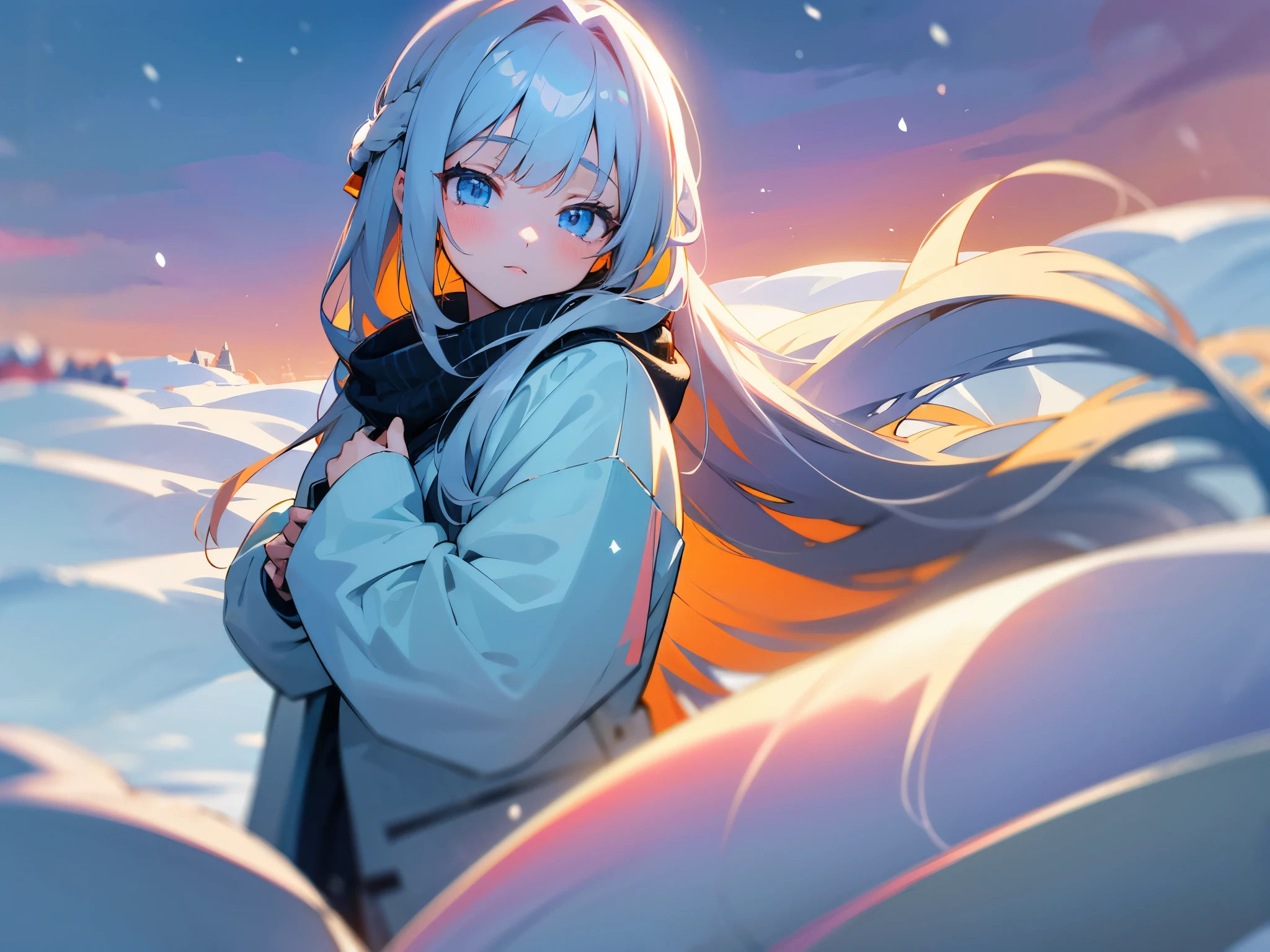 1 anime girl with long hair, beautiful eyes, masterpiece, high res, ultrasharp and 8K qualities. Winter-themed setting with your anime girl dressed in cozy, winter attire. Soft colors and gentle expressions