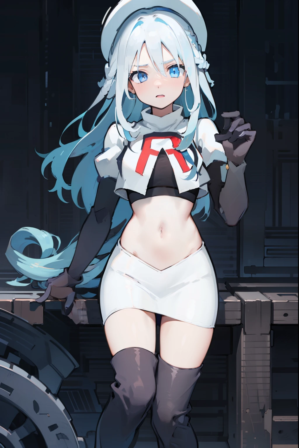 furina, 1girl, solo, long hair, blue eyes, jewelry, blue hair, ahoge, blue hair, white hair, heart, streaked hair, symbol-shaped pupils,blue headwear,team rocket,team rocket uniform,red letter R, white skirt,crop top, black thigh-high boots,black elbow gloves,