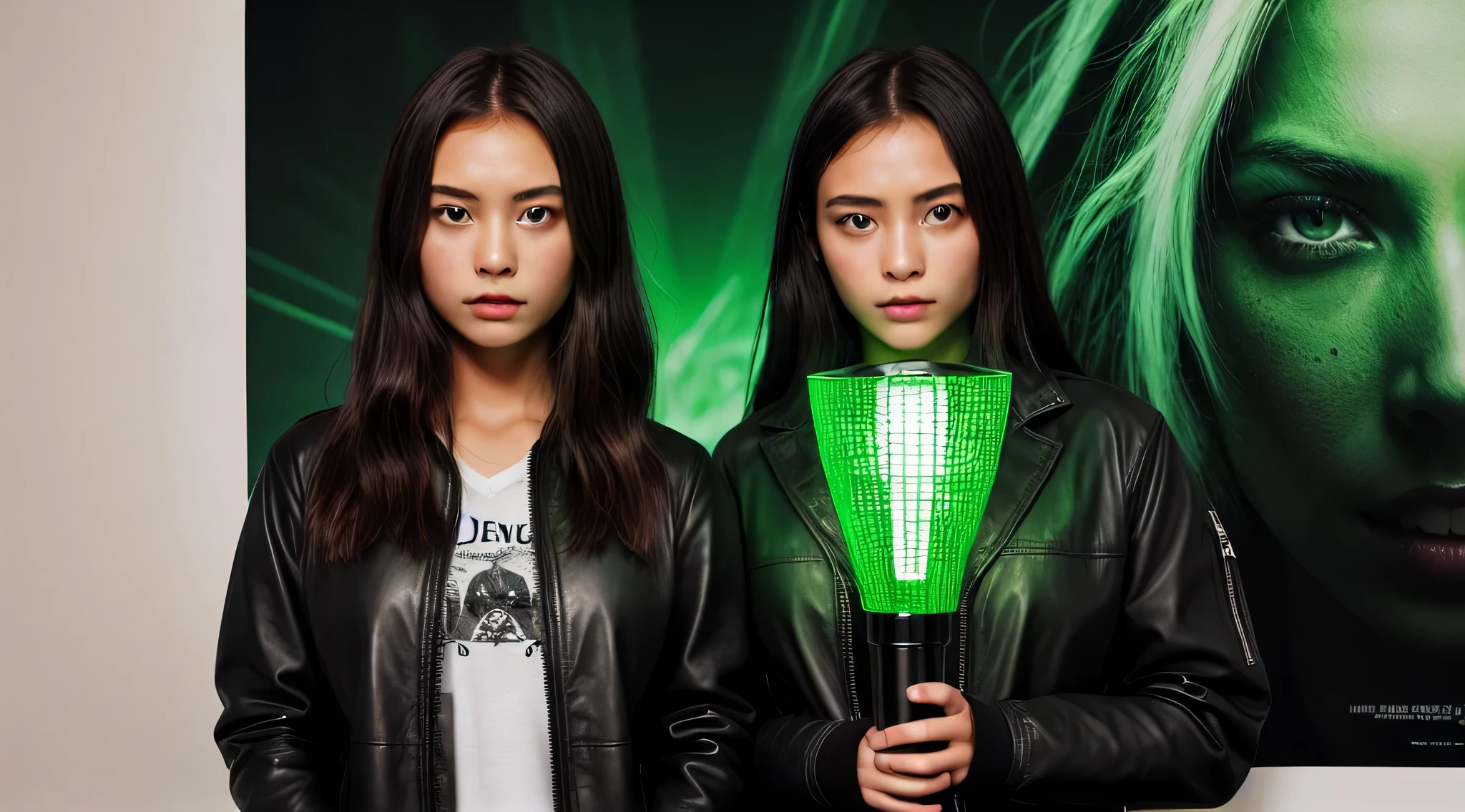 there are two girls holding a green light bulb, olhos verdes jaqueta verde couro sobrenatural, Poster photo, brilho verde,