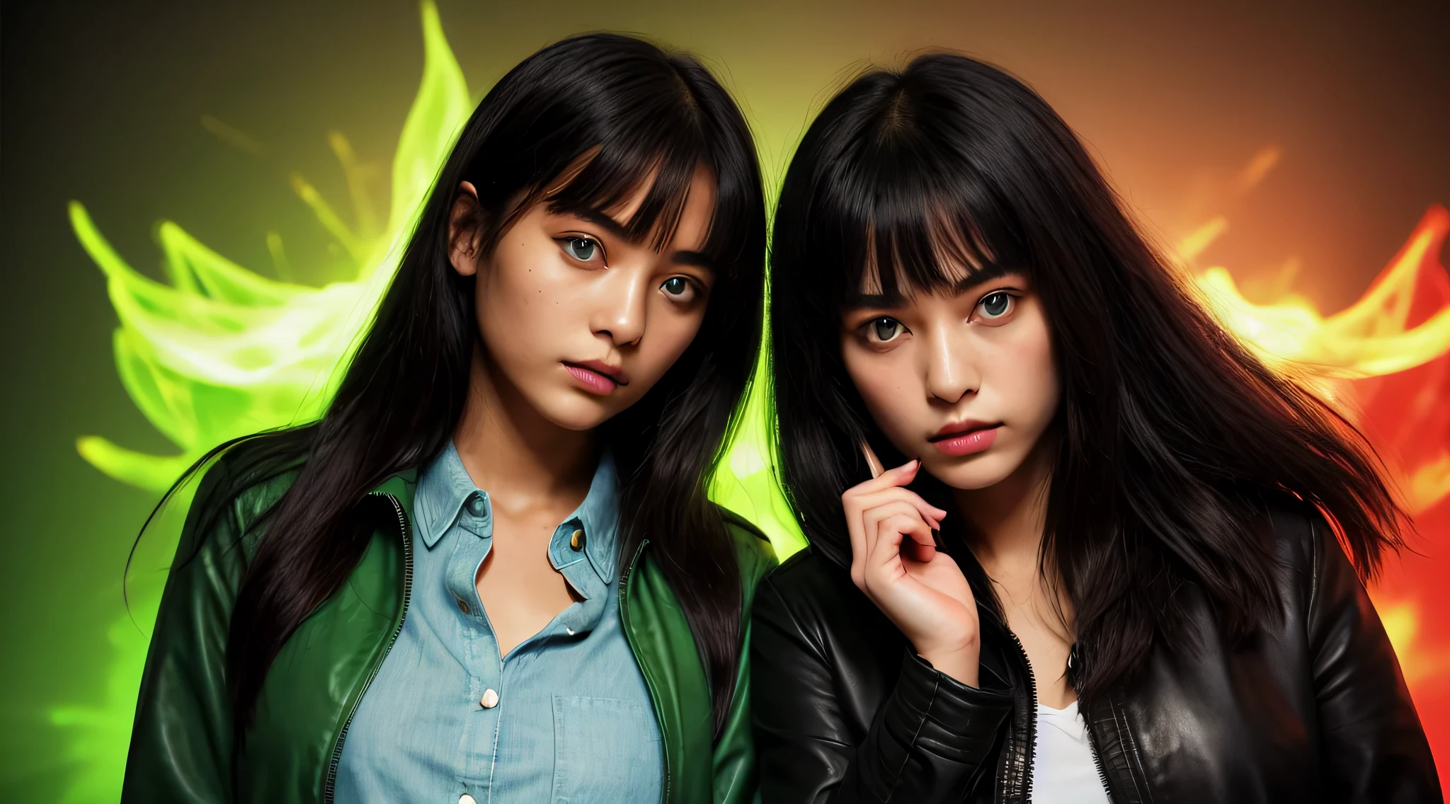 there are two girls holding a green light bulb, olhos verdes jaqueta verde couro sobrenatural, Poster photo, brilho verde,