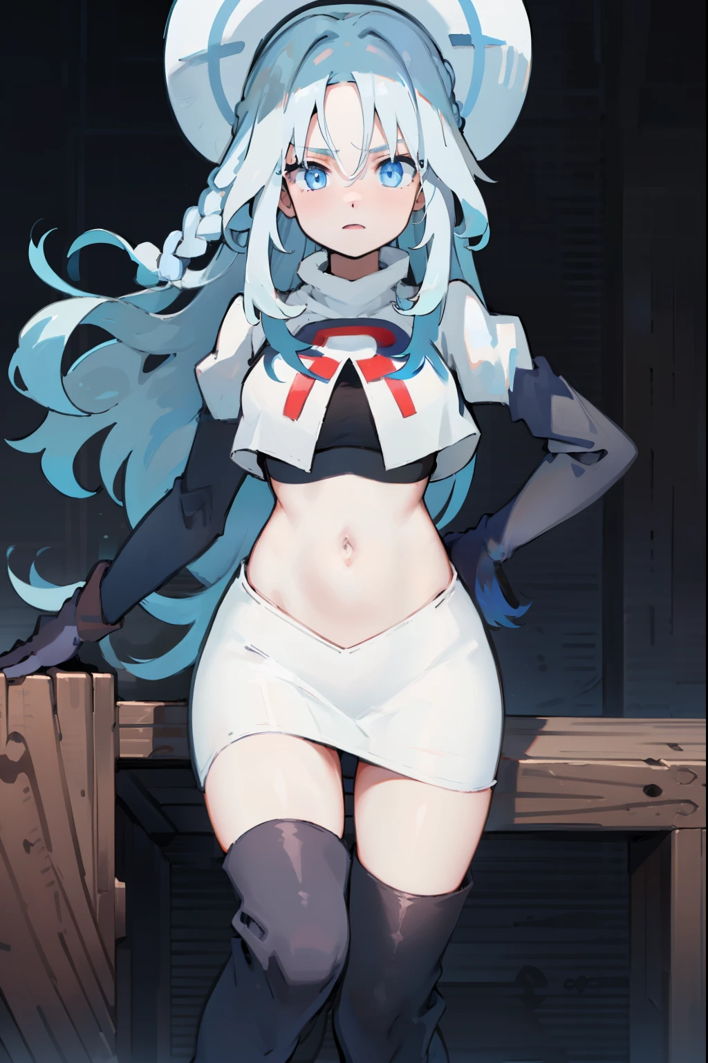 furina, 1girl, solo, long hair, blue eyes, jewelry, blue hair, ahoge, blue hair, white hair, heart, streaked hair, symbol-shaped pupils,blue headwear,team rocket,team rocket uniform,red letter R, white skirt,crop top, black thigh-high boots,black elbow gloves,