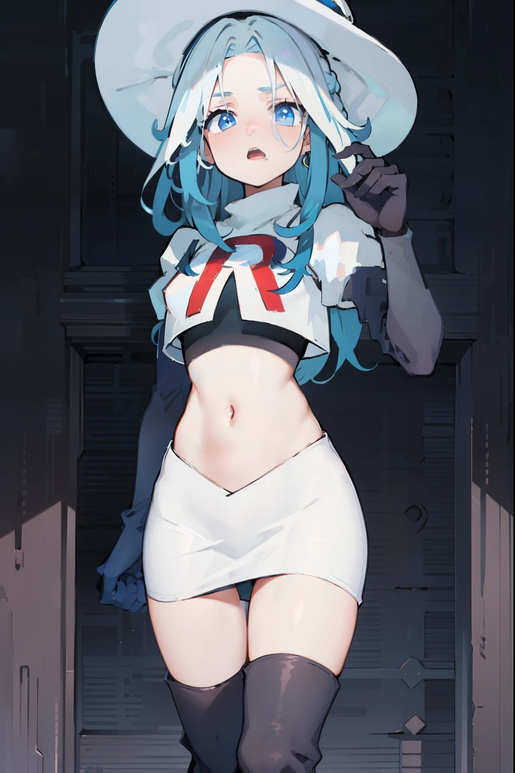 furina, 1girl, solo, long hair, blue eyes, jewelry, blue hair, ahoge, blue hair, white hair, heart, streaked hair, symbol-shaped pupils,blue headwear,team rocket,team rocket uniform,red letter R, white skirt,crop top, black thigh-high boots,black elbow gloves,
