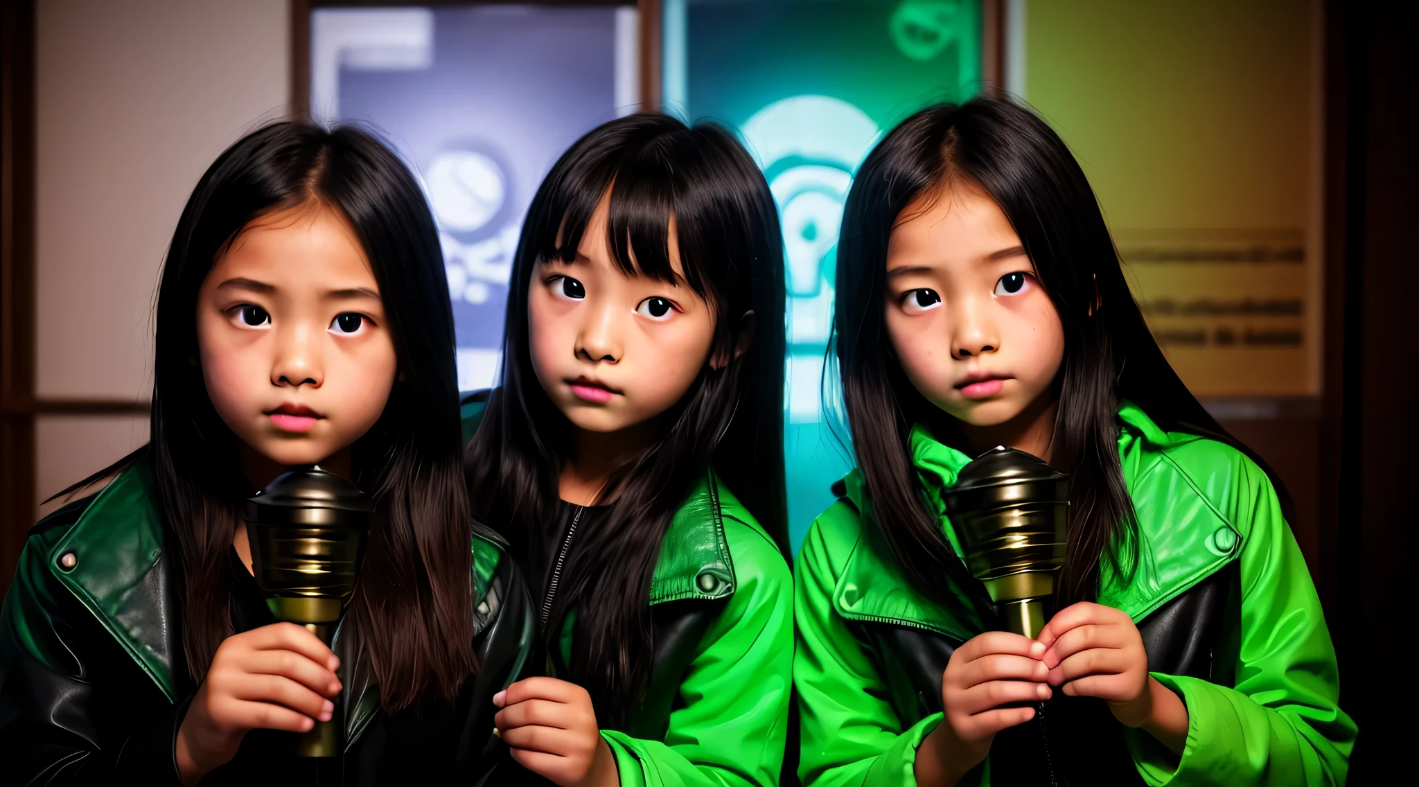 there are two children holding a green light bulb, olhos verdes jaqueta verde couro sobrenatural, Poster photo, brilho verde,