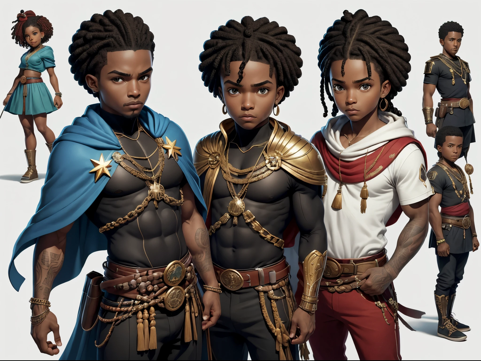 Crie uma imagem masculino idade entre 20, 25, ,de um ninja negro de ,corpo inteiro uma personagem marrons, Diferente, non-miraculous style , ficha de personagem, fundo branco --ar 3:2,, Estilo Art Vista de Corpo Inteiro, plano completo, vista frontal, Vista lateral, vista traseira, de personagem, Multiple views and poses, various points of view, um personagem, corpo inteiro, personagem com menos, estilo de roupa, no mesmo Estilo de cabelo, less Type of footwear, strong full-body vision, plano completo, vista frontal, vista traseira, design de personagem, Multiple views and poses, various points of view, de um personagem, corpo inteiro,, personagem com mesmo, poses de personagem , Depois de um apocalipse no futuro, afro cabelo caindo para frente, Rasta type but braided, corpo inteiro, **Nome do personagem:** Estrela de Cabo Verde **description:** Star of Cape Verde is a hero based on the flag of Cape Verde. His costume incorporates the cores of the flag, com azul profundo representando o oceano, branco simbolizando a paz, red denoting determination and a golden belt with discreet tribal elements that pay homage to Cape Verdean culture. **allure:** - Cores: azul profundo (topo), Branco (peito), vermelho (mangas e pernas) e dourado (cinto). - Dez estrelas douradas representam as 10 principais ilhas de Cabo Verde. - Mantenha o mesmo estilo de roupa, Shortcut and practical footwear in all views. **Personalidade:** corajoso, determined and committed to the protection of Cape Verde. Cape Verde's star is a symbol of pride and hope for the Cape Verdean people. **Poderes e Habilidades:** -Poderes
