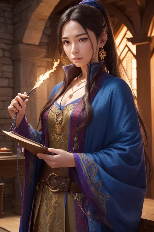 Colorful portrait illustration, (attractive female as a sorcerer, Ponytail, Wearing_long_flowing_Blue_Convoluted_embroideries_sorcerer_doress), (Necklace, Sacoche, a belt, Smiling, Highly detailed face, masutepiece, Best Quality), Highly detailed, (in the dungeon), Mage_glam, (Large, glowing rune circle), Fire and ice, Casting a spell, Ultra High Resolution, Alexandre Karame, Alyssa Monks and Shigeru Ban