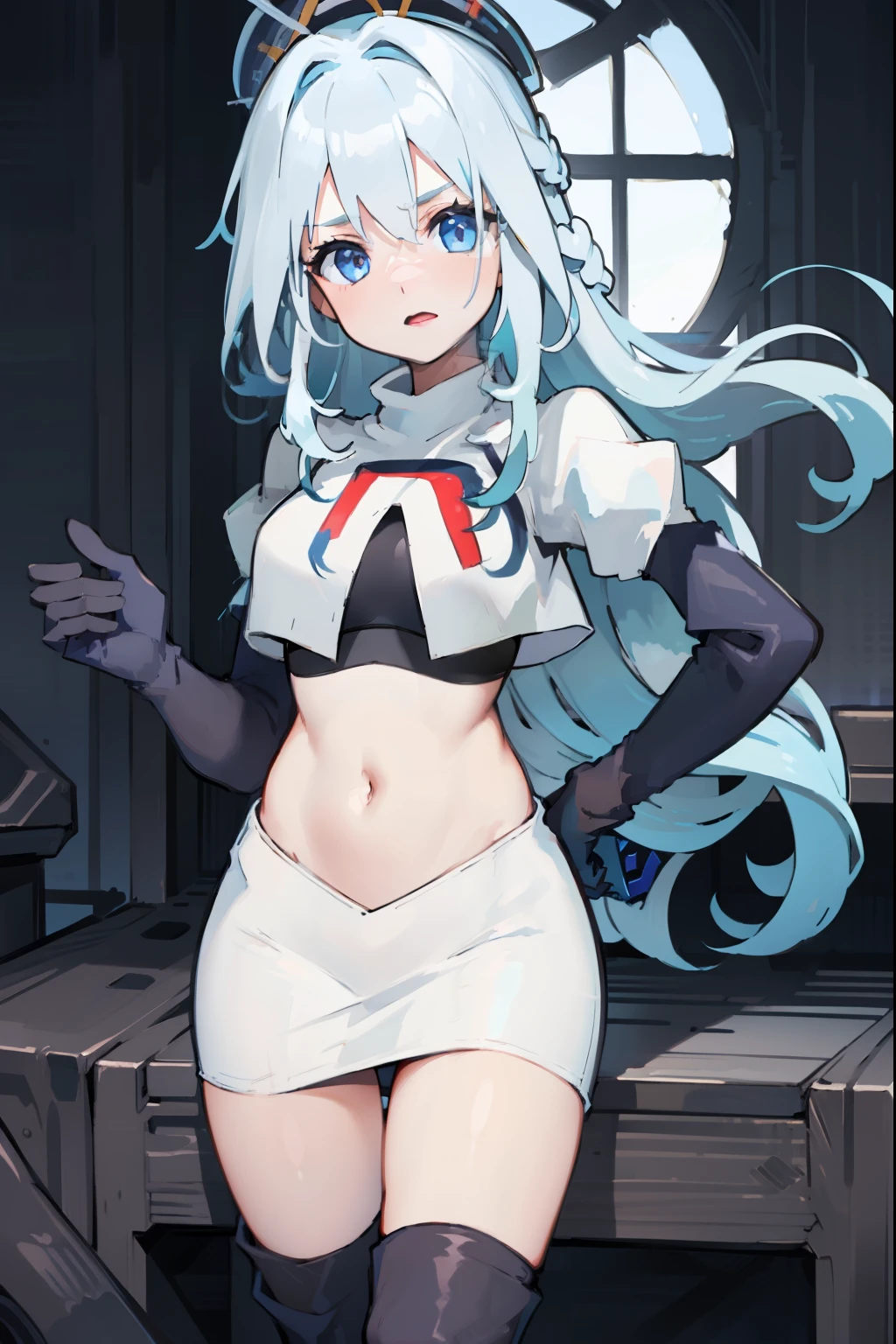 furina, 1girl, solo, long hair, blue eyes, jewelry, blue hair, ahoge, blue hair, white hair, heart, streaked hair, symbol-shaped pupils,blue headwear,team rocket,team rocket uniform,red letter R, white skirt,crop top, black thigh-high boots,black elbow gloves,