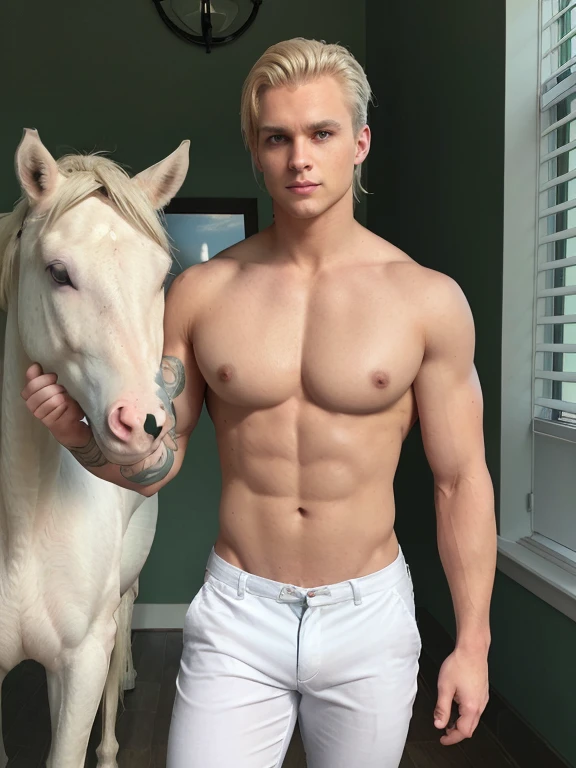 A man dressed in white attire, slightly defined muscles, tall, and charming. He has a single hourglass tattoo on his hand, green eyes, and blond hair with even lighter highlights. He stands next to a white horse.