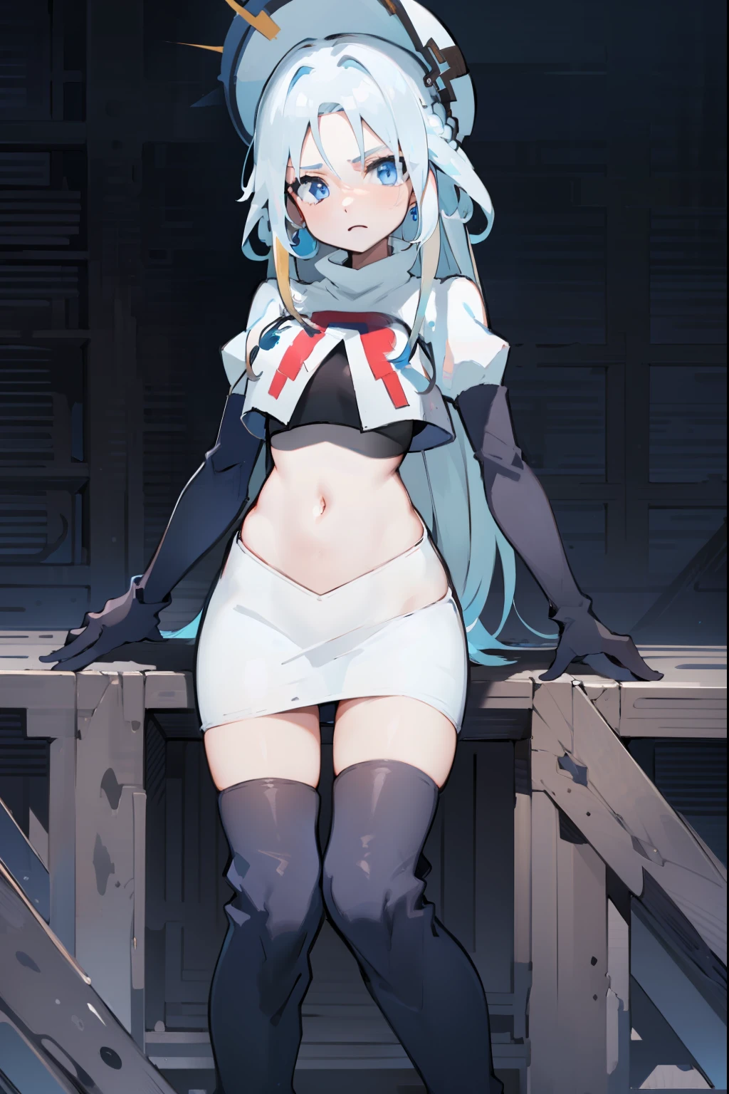 furina, 1girl, solo, long hair, blue eyes, jewelry, blue hair, ahoge, blue hair, white hair, heart, streaked hair, symbol-shaped pupils,blue headwear,team rocket,team rocket uniform,red letter R, white skirt,crop top, black thigh-high boots,black elbow gloves,