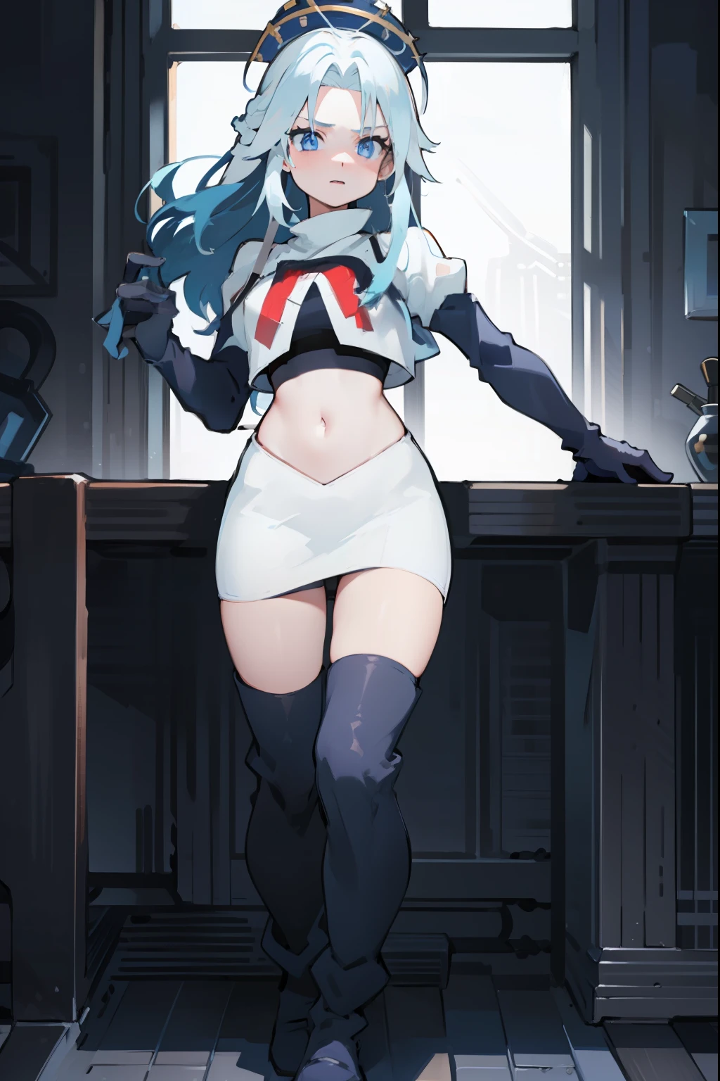 furina, 1girl, solo, long hair, blue eyes, jewelry, blue hair, ahoge, blue hair, white hair, heart, streaked hair, symbol-shaped pupils,blue headwear,team rocket,team rocket uniform,red letter R, white skirt,crop top, black thigh-high boots,black elbow gloves,