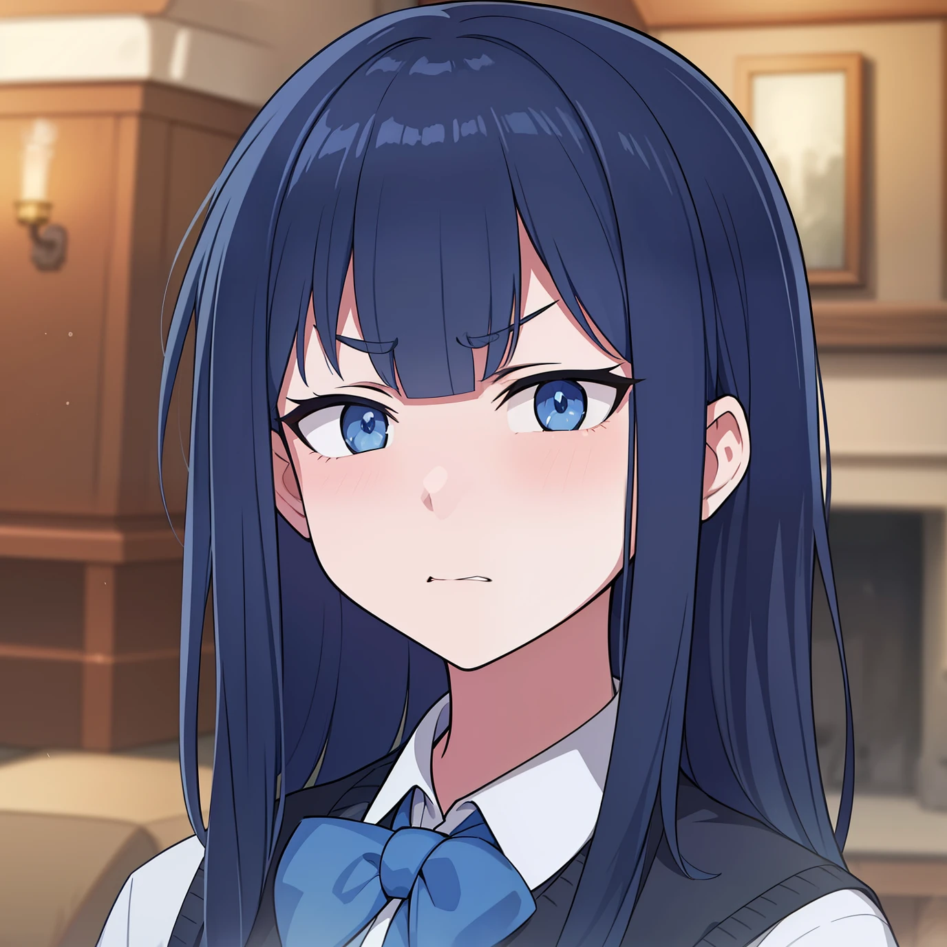 hiquality, tmasterpiece (one girls) Sullen face. cold gaze. dark colored hair. blue bow. Grey vest. white  shirt. against the backdrop of a room with a fireplace, Sofa, parquet.