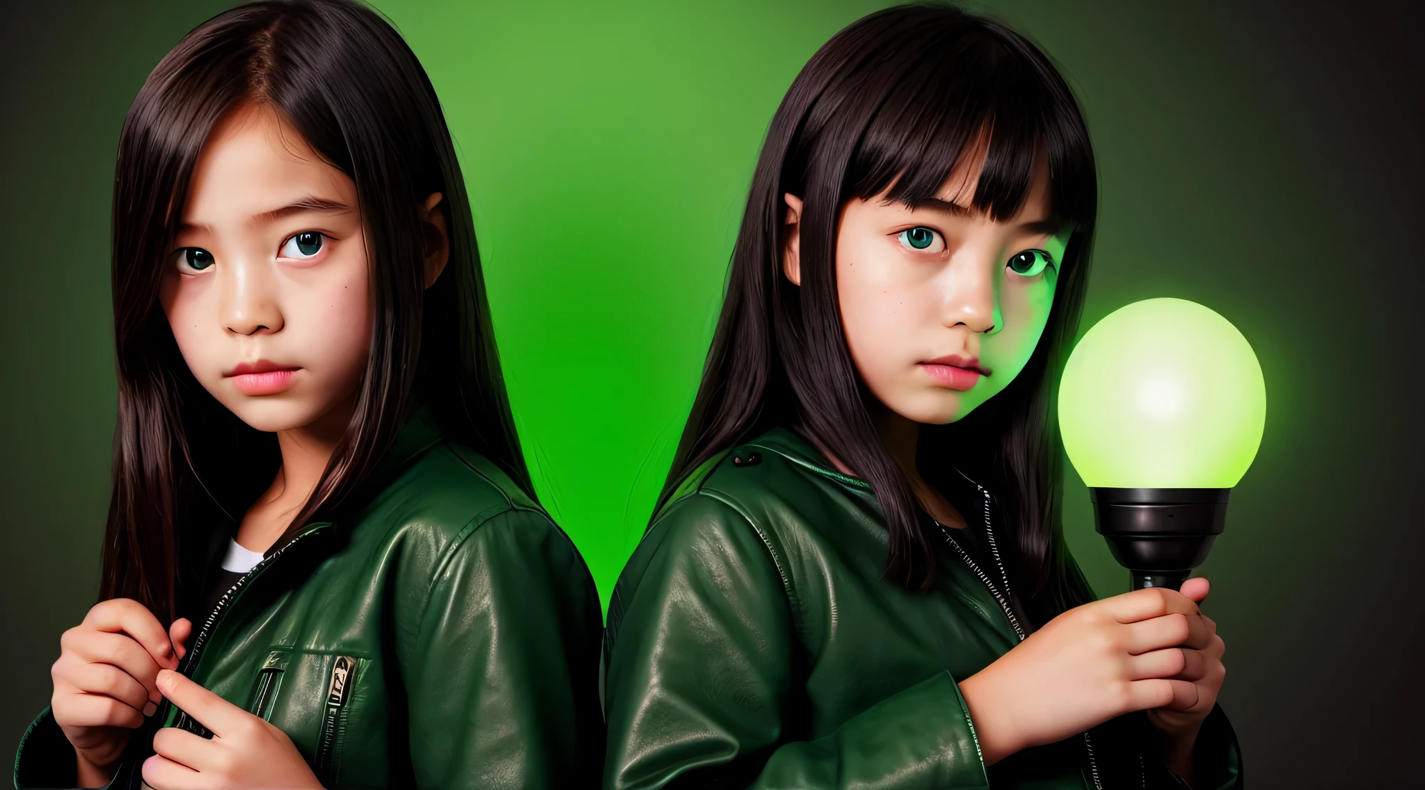 there are two holding a green light bulb, olhos verdes jaqueta verde couro sobrenatural, Poster photo, brilho verde,