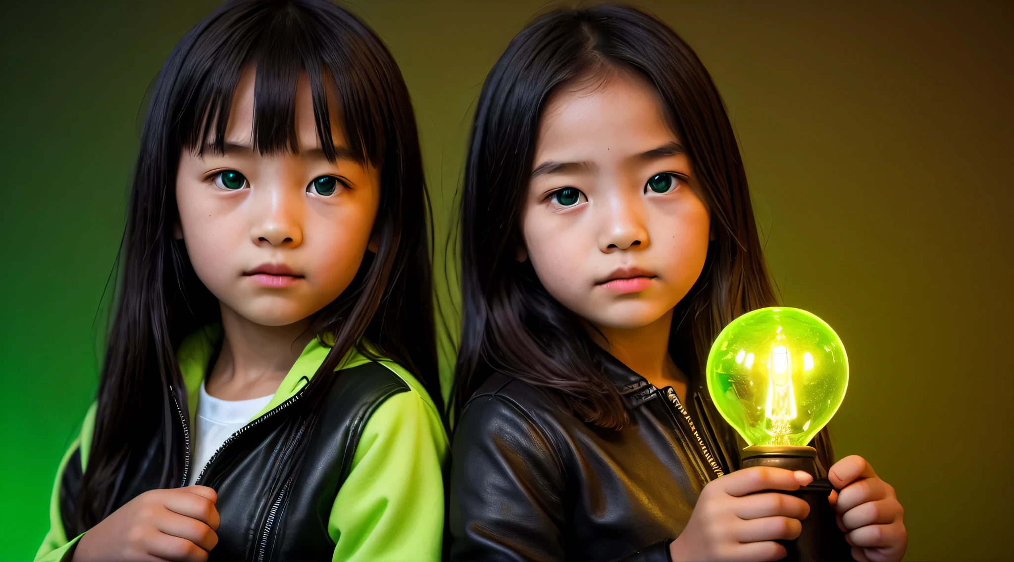 there are two children holding a green light bulb, olhos verdes jaqueta verde couro sobrenatural, Poster photo, brilho verde,