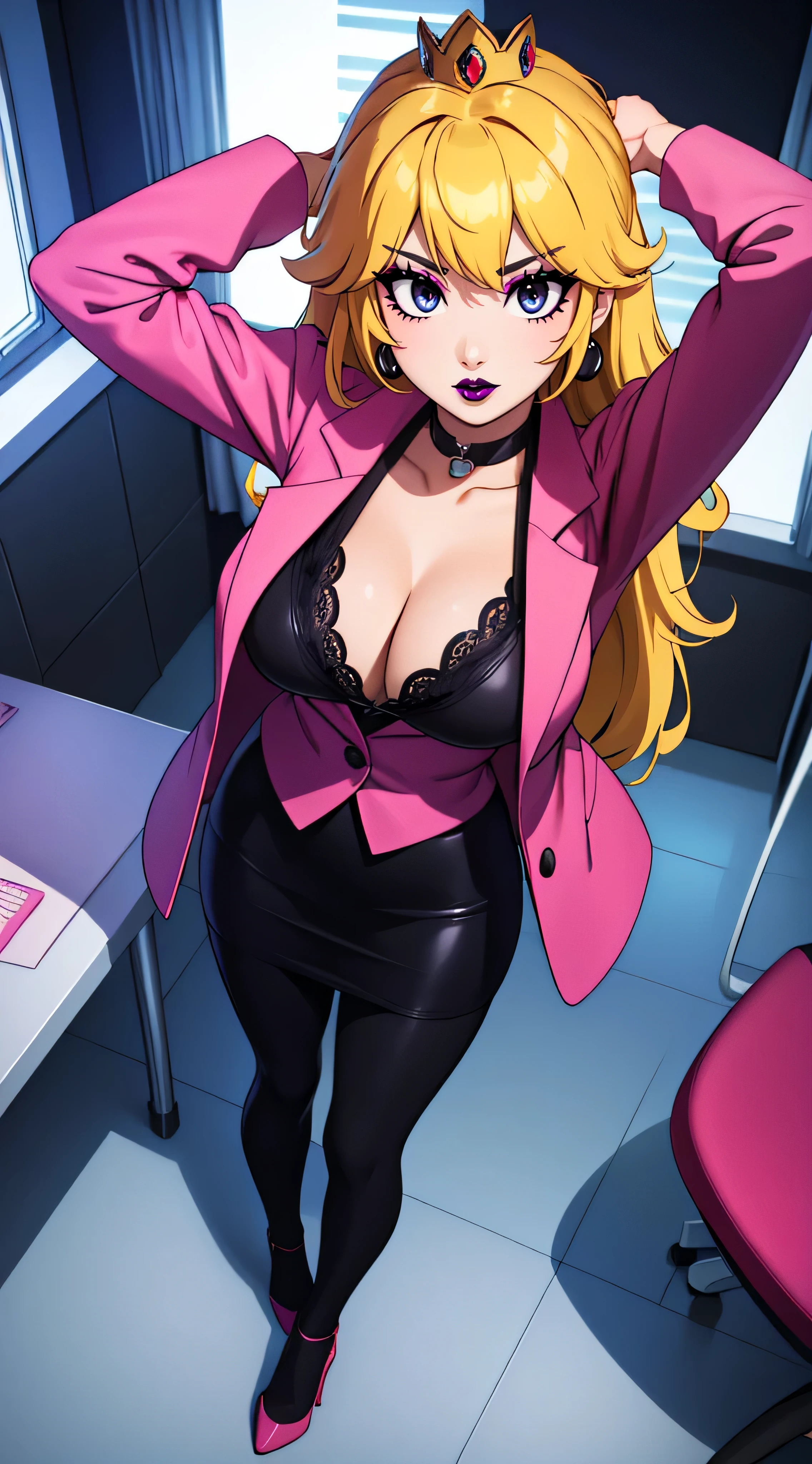 ((high detailed, best quality, 4k, masterpiece, hd:1.3)), landscape, (in office), indoors, business office, Office workers working in the office, many people are busy working, standing, window, desk, chair, computer, ceiling light, Princess Peach, BREAK neon blue eyes, seductive, attractive, sexy smile, smiling, smooth anime cg art, 34B breasts, long legs, vivid colors, detailed digital art, slim body, perfect skin, blonde hair, long hair, BREAK crown, cleavage, 34B cleavage, looking at viewer, BREAK looking at viewer, extremely detailed face, black necktie, pink pencil skirt, pink jacket, white shirt, full body, (pink high heels), earrings, gem, dark black makeup lips, dark gothic eyeshadows, dark eyeshadows, black eyeshadows, black sexy lips, black lips, (dark:1.2), dark lips, very dark lips, (perfect hands, perfect anatomy), black makeup, detailed fingers, five fingers per hand, 5 fingers, (1 girl), detailed lips, detailed black lips, black painted lips, gothic painted lips, BREAK night, (breast focus), (breasts out:1.3), (arms rised:1.3), (arms up:1.3), (from above:1.2)