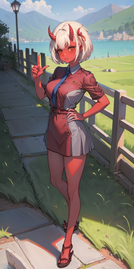 SFW, Female Full body standing straight symmetrical, looking to the viewer, hands on hips, peace sign, A woman，short detailed hair，ember，white backgrounid，Masterpiece, Best quality, Beautiful, Visually stunning, elegant, incredibily detailed, Award-winning art, 0n1, Red skin, oni horns, their, Red them, Colored skin, metal sandals