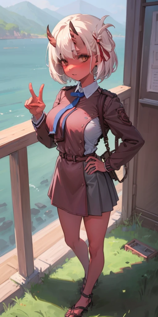 SFW, Female Full body standing straight symmetrical, looking to the viewer, hands on hips, peace sign, A woman，short detailed hair，ember，white backgrounid，Masterpiece, Best quality, Beautiful, Visually stunning, elegant, incredibily detailed, Award-winning art, 0n1, Red skin, oni horns, their, Red them, Colored skin, metal sandals