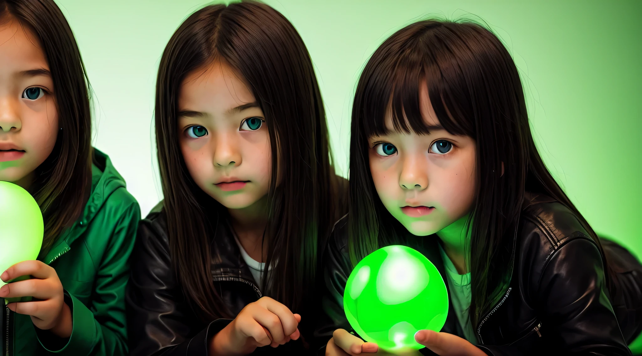 there are two  holding a green light bulb, olhos verdes jaqueta verde couro sobrenatural, Poster photo, brilho verde,