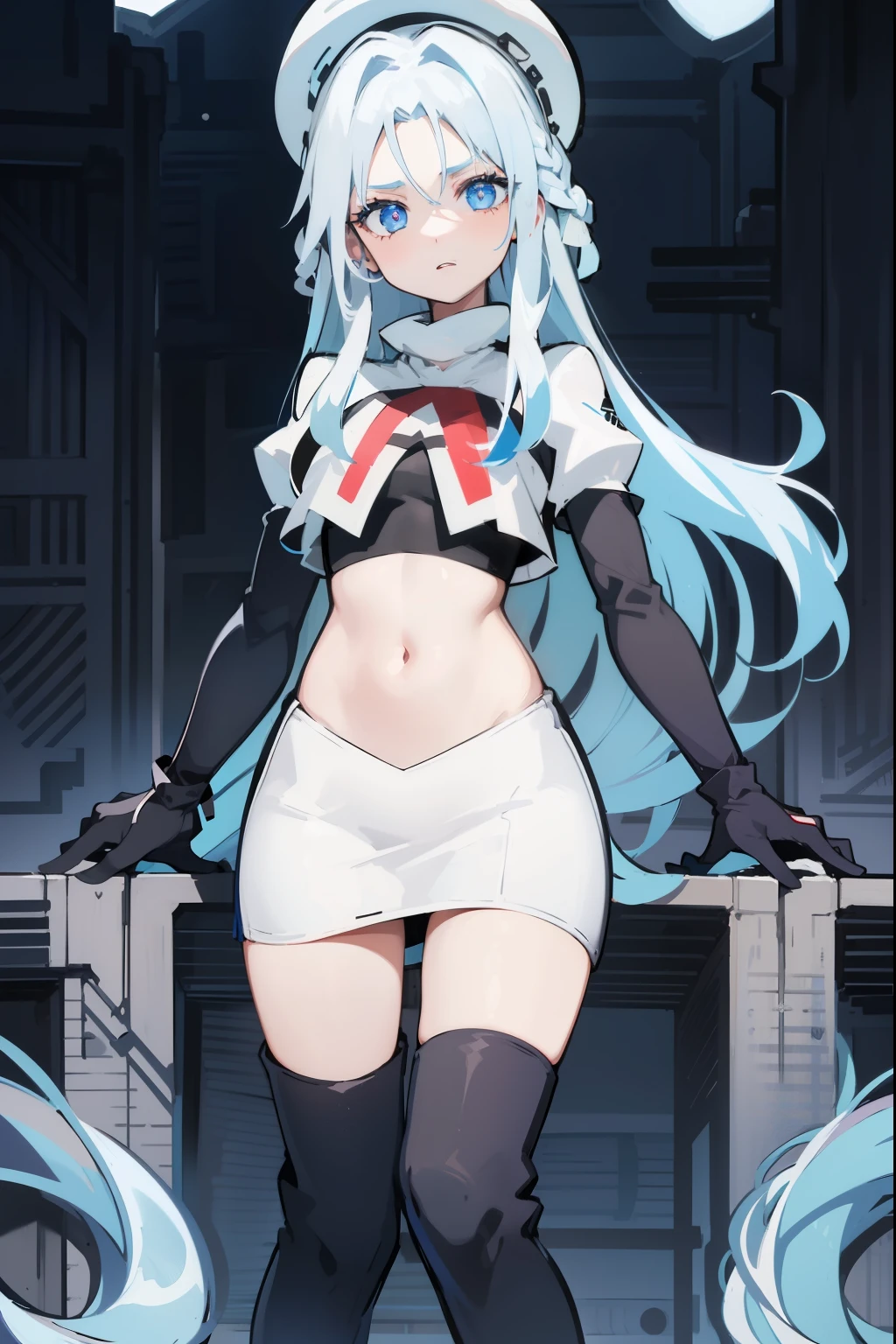 furina, 1girl, solo, long hair, blue eyes, jewelry, blue hair, ahoge, blue hair, white hair, heart, streaked hair, symbol-shaped pupils,blue headwear,team rocket,team rocket uniform,red letter R, white skirt,crop top, black thigh-high boots,black elbow gloves,