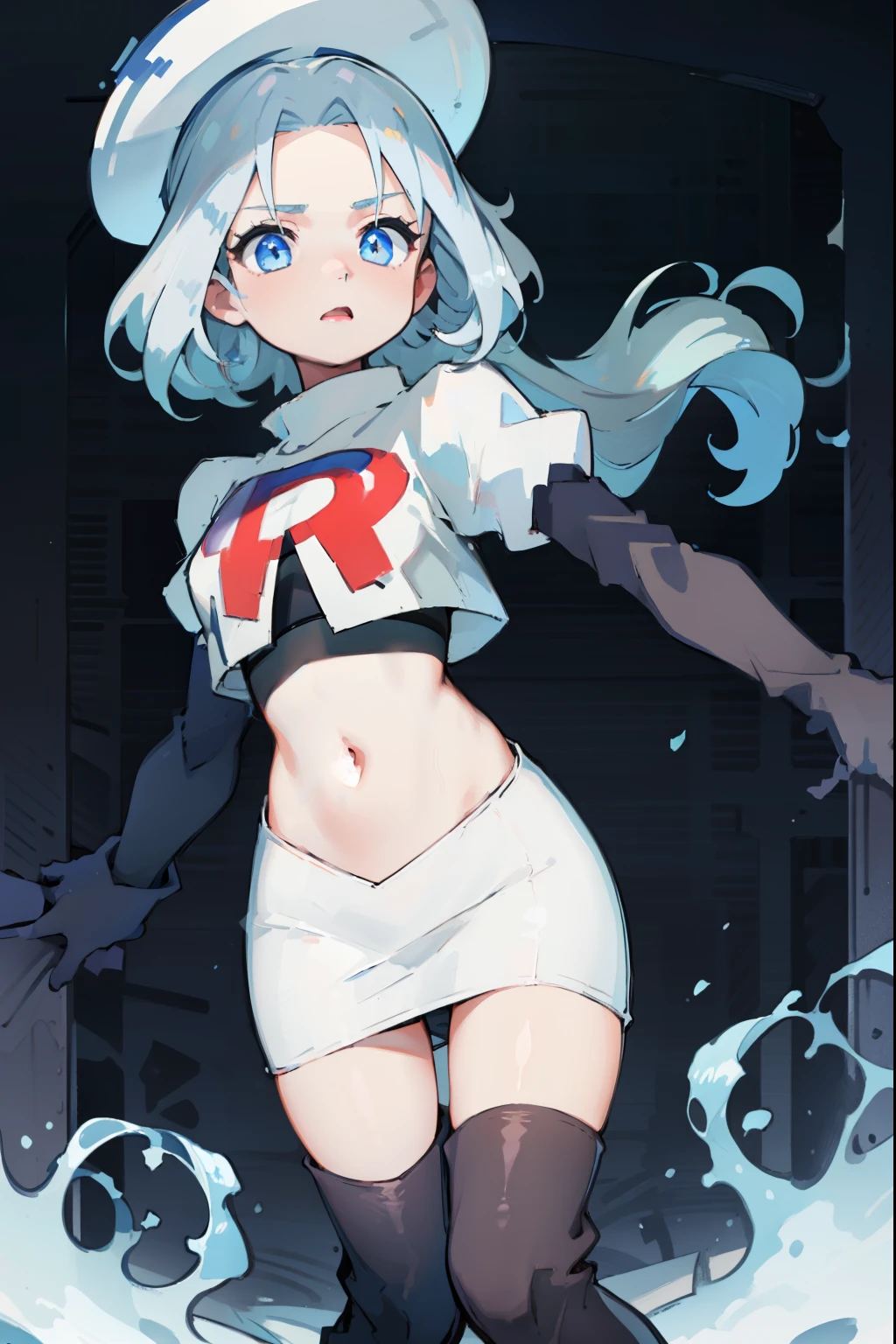 furina, 1girl, solo, long hair, blue eyes, jewelry, blue hair, ahoge, blue hair, white hair, heart, streaked hair, symbol-shaped pupils,blue headwear,team rocket,team rocket uniform,red letter R, white skirt,crop top, black thigh-high boots,black elbow gloves,