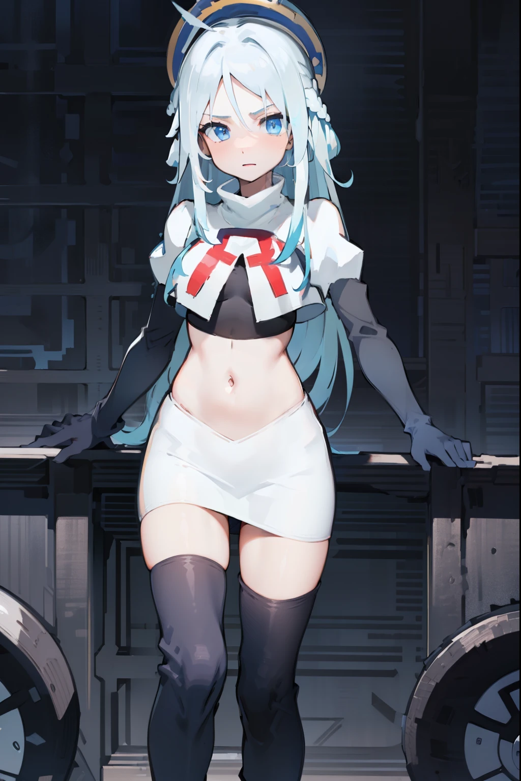 anime,(masterpiece, top quality, best quality, official art, beautiful and aesthetic:1.2), (1girl), full body,extreme detailed,highest detailed, team rocket,team rocket uniform,white skirt,red letter R,crop top,black thigh-highs,black elbow gloves,