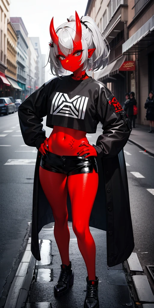 SFW, Female Full body standing straight symmetrical, looking to the viewer, hands on hips, peace sign, (Masterpiece, Best quality, ultra high resolution),1girl,oni horns,oni girl,(colored skin,red skin,red skin tone),black crop top,rock punk fashion, beautiful and detailed face, detailed eyes,in the street,(grey theme)