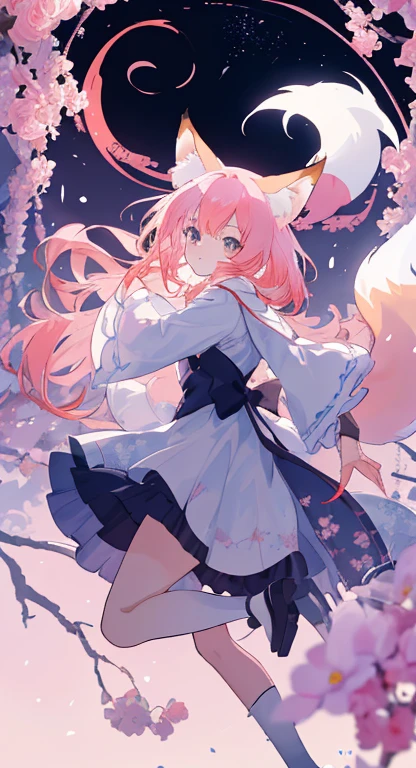 Neuf queues de renard blanches comme neige (1.0), Queue de renard laiteuse (1.0), Gros plan de Fox de neuf queues, neuf queues, neuf queues, Anime fille aux cheveux roses et robe rose avec des fleurs sur les cheveux, very Beautiful anime fox girl, Beautiful anime fox girl, Bel anime fantastique, Guweiz, Anime Girl with Fox Ears, beautiful anime girl, very beautiful and cute fox girl, Pluie de fleurs roses, background blur, Style anime 4 K, anime fantasy artwork, 4k anime wallpaper, Artwork in the Guvez style