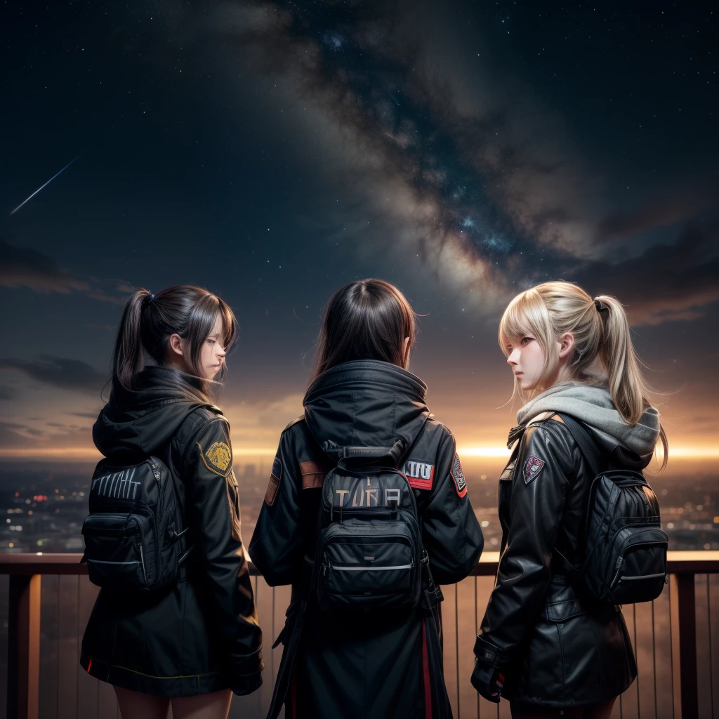 three girls and a boy are standing in front of a night sky, girls frontline universe, guweiz on pixiv artstation, girls frontline cg, 4 k manga wallpaper, artwork in the style of guweiz, best anime 4k konachan wallpaper, kantai collection style, guweiz on artstation pixiv, guweiz, girls frontline style