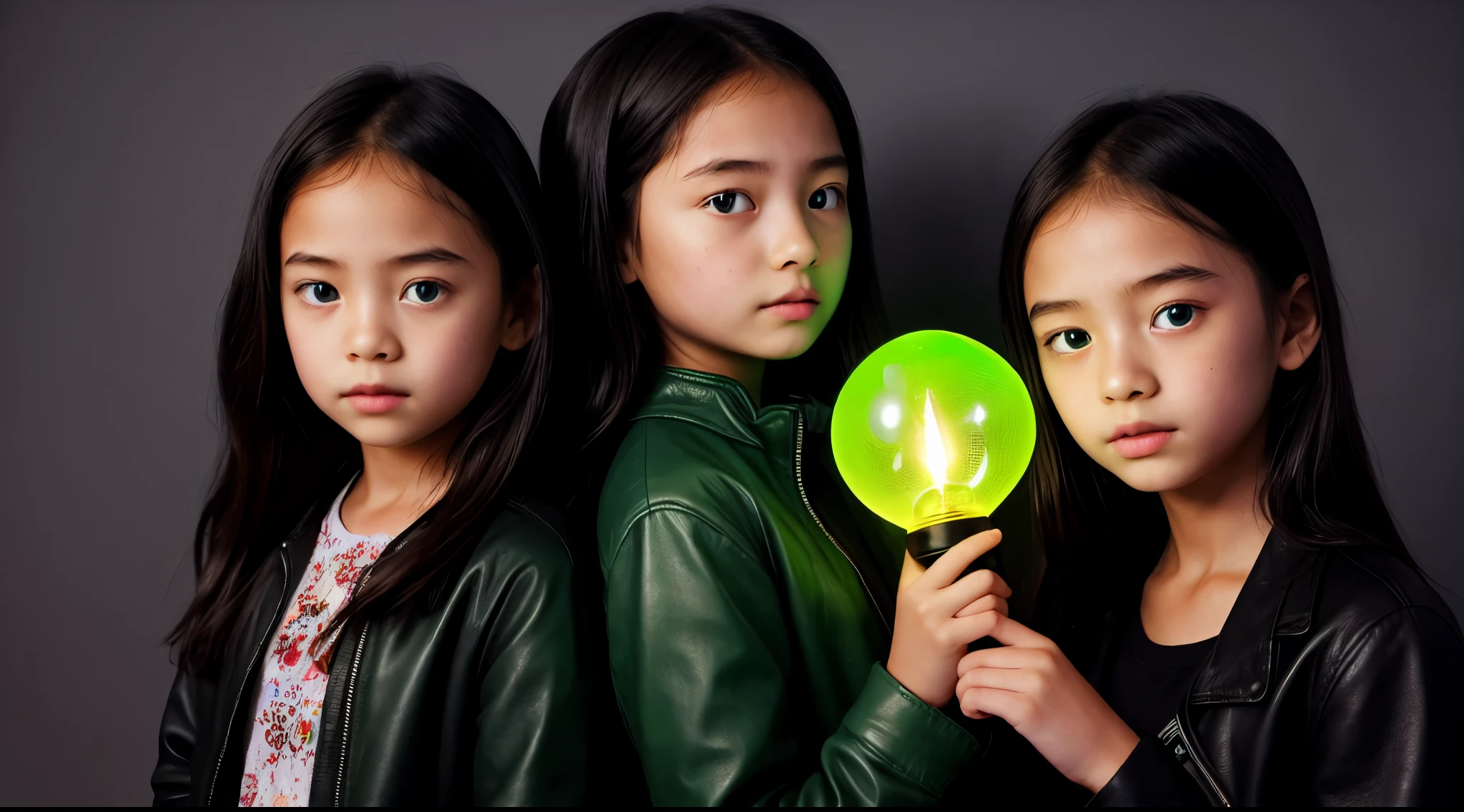 there are two kids girls holding a green lamp, green eyes green jacke leather unearthly, poster photo, green glow,