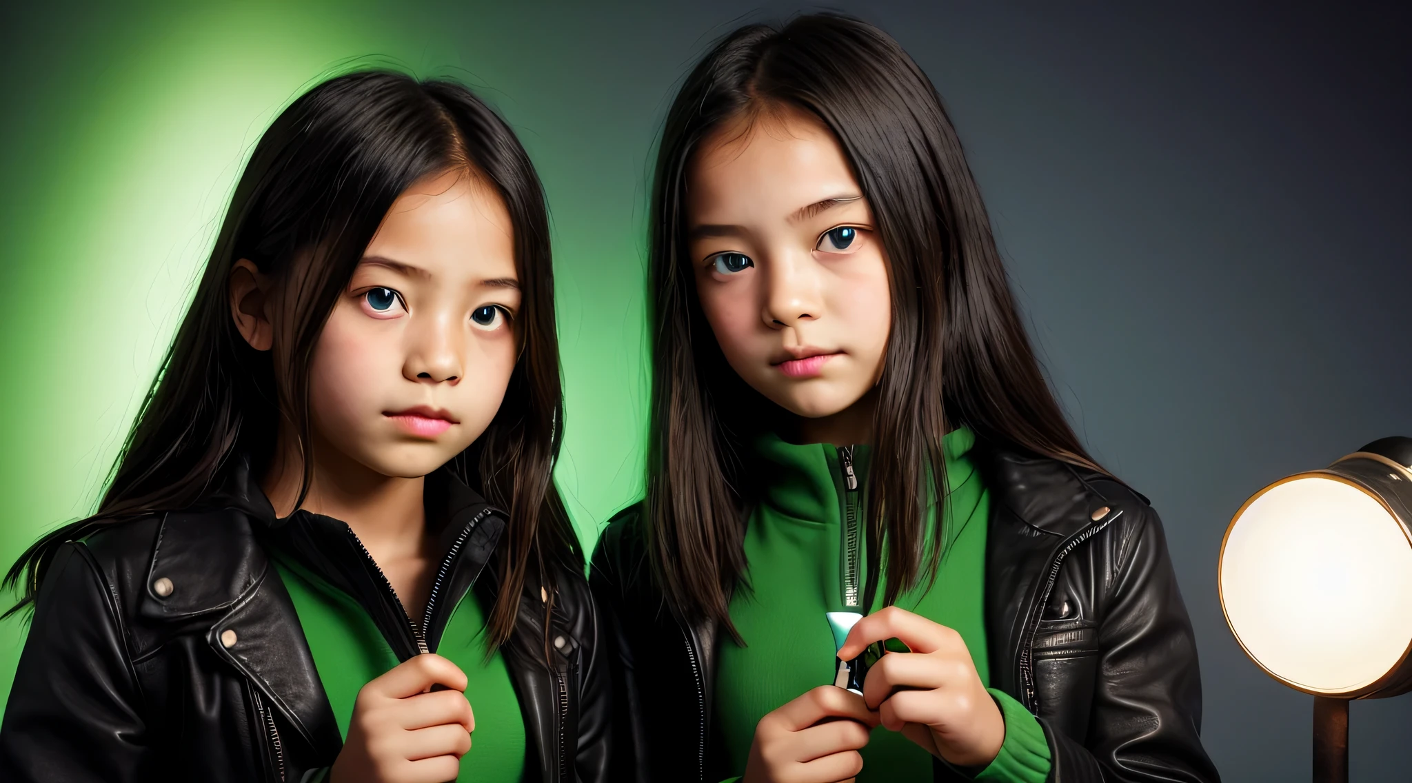 there are two children holding a green light bulb, olhos verdes jaqueta verde couro sobrenatural, Poster photo, brilho verde,