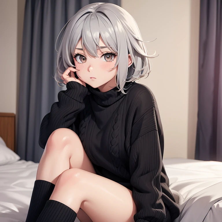 Anime style image of a girl with short gray messy hair is in her room and is only wearing a black sweater. Ojos bien detallados la mejor calidad