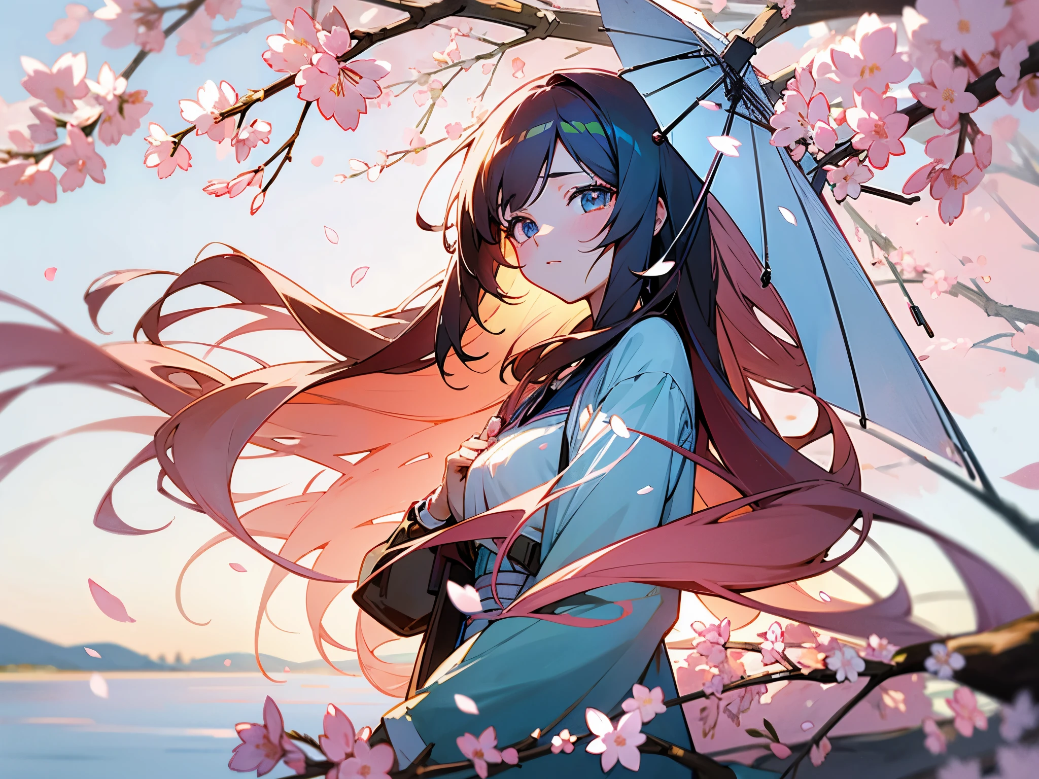 1 anime girl with long hair, beautiful eyes, masterpiece, high res, ultrasharp and 8K qualities. Anime girl surrounded by cherry blossoms or other spring flowers. Opt for a light and airy color palette to capture the essence of spring.