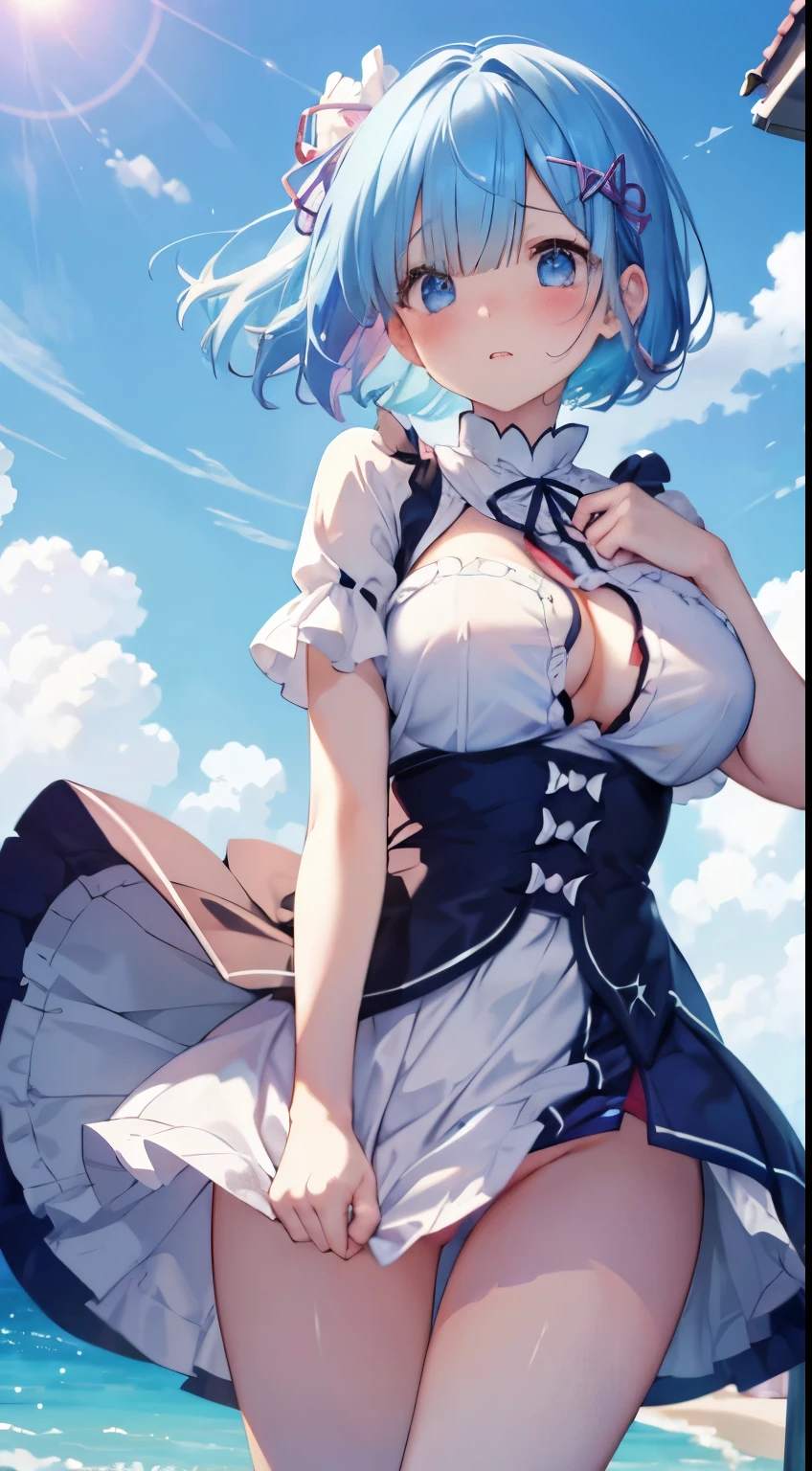 1womanl,Blue hair,Red ribbons ,((Surprised look)),Beautiful breasts,Eyes like very big breasts、Colossal tits、white shirt,Blue Dress,well-styled,Slender thighs,Decorate the front beautifully)(((Blushing cheeks、embarassed expression)),(((The skirt is rolled up by the wind)))、Long bob cut、Rem of Rezero、No panties、No panties、No bra