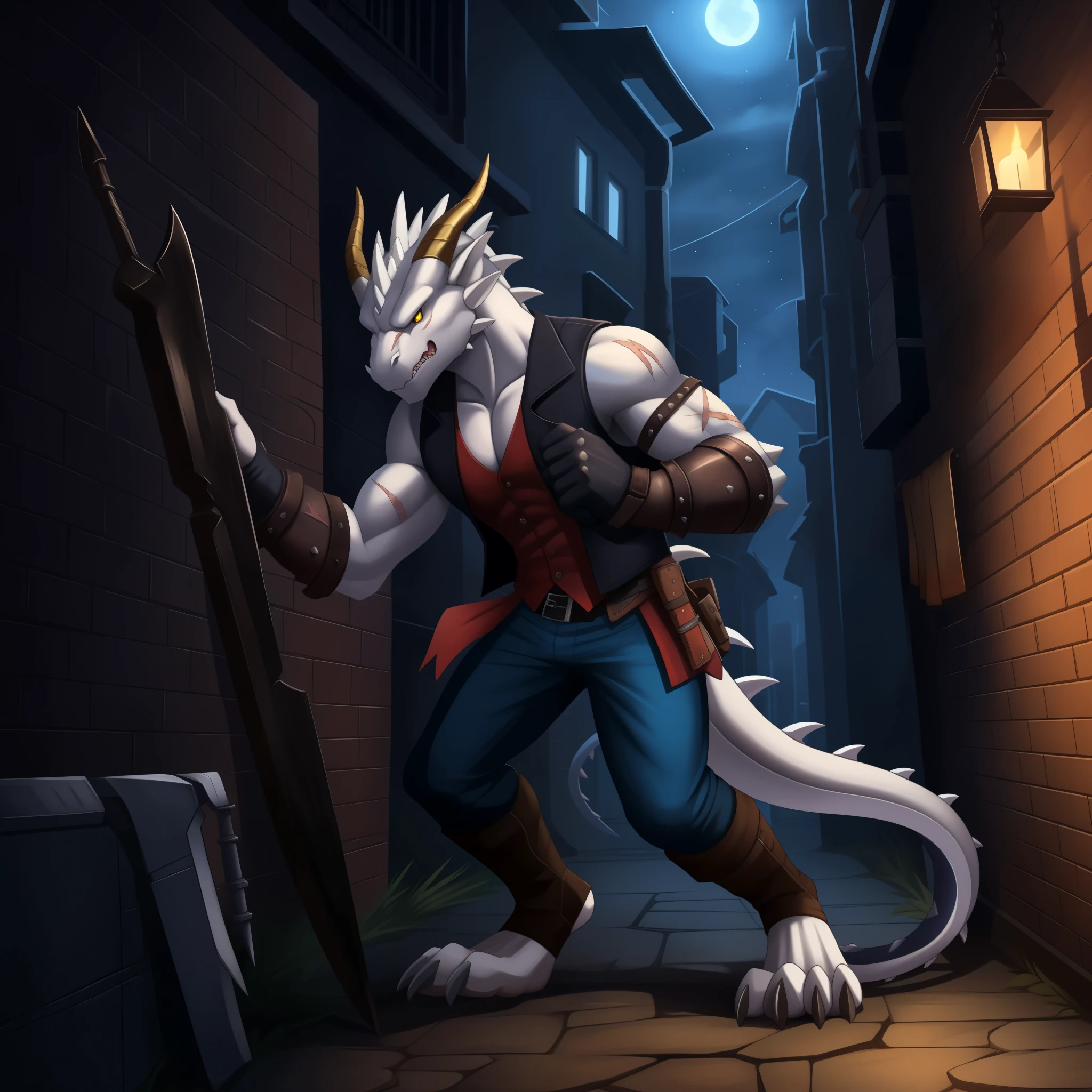 (masterpiece), (best quality), (ultra-detail), (masterpiece), (best quality), dark lighting, male, slim athletic, dragon, ((white body)), smooth skin, anthro legs, (dragon feet), (toe claw), white spikes, dragon horns, ((dragon tail)), (topwear:(vest:black)), (handwear:(vambraces)), (bottomwear:(pants:blue)), scars, serious expression, angry, scared, weapons, adventurer, nighttime, in the dark, in an alley