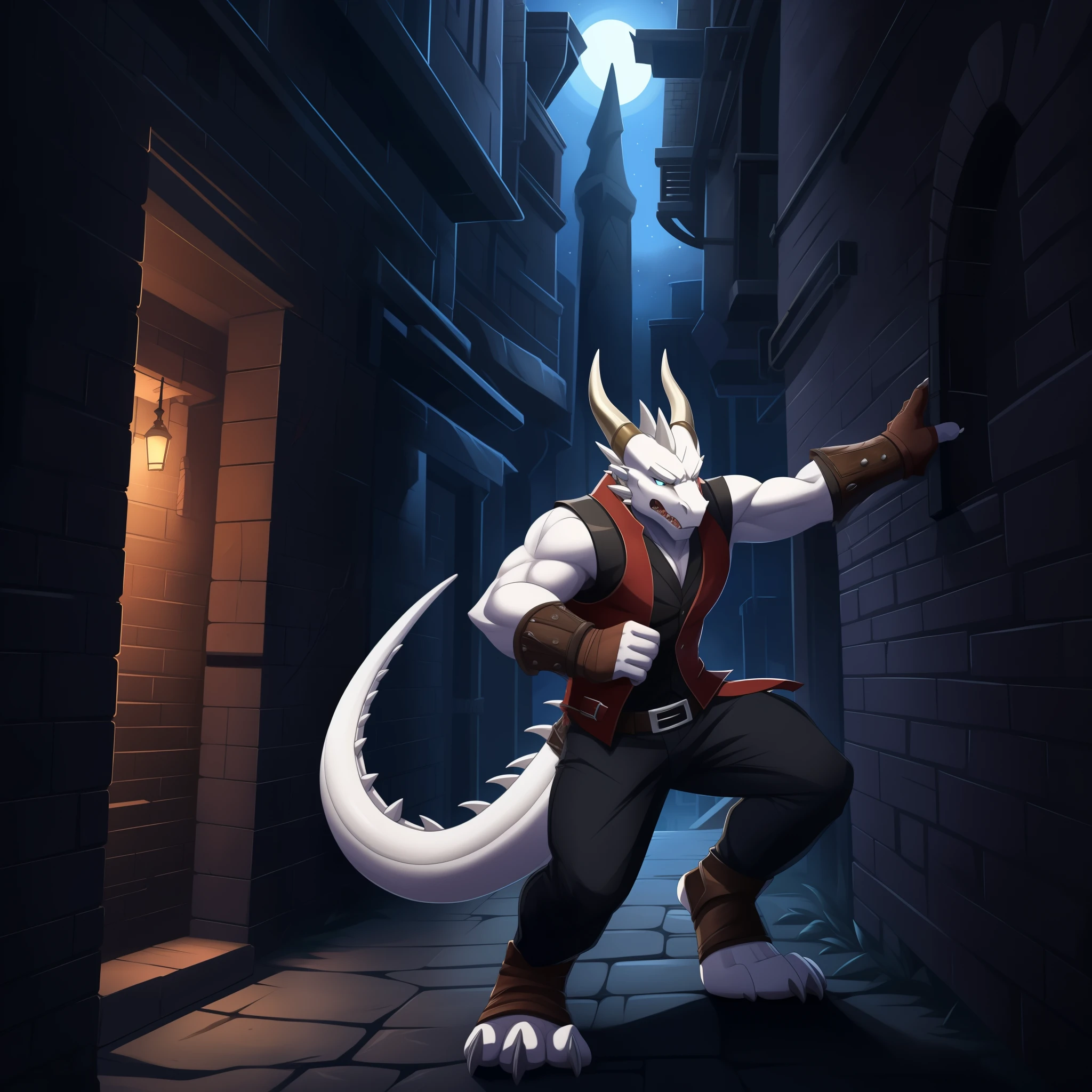 (masterpiece), (best quality), (ultra-detail), (masterpiece), (best quality), dark lighting, male, slim athletic, dragon, ((white body)), smooth skin, anthro legs, (dragon feet), (toe claw), white spikes, dragon horns, ((dragon tail)), (topwear:(vest:black)), (handwear:(vambraces)), (bottomwear:(pants:blue)), scars, serious expression, angry, scared, weapons, adventurer, nighttime, in the dark, in an alley