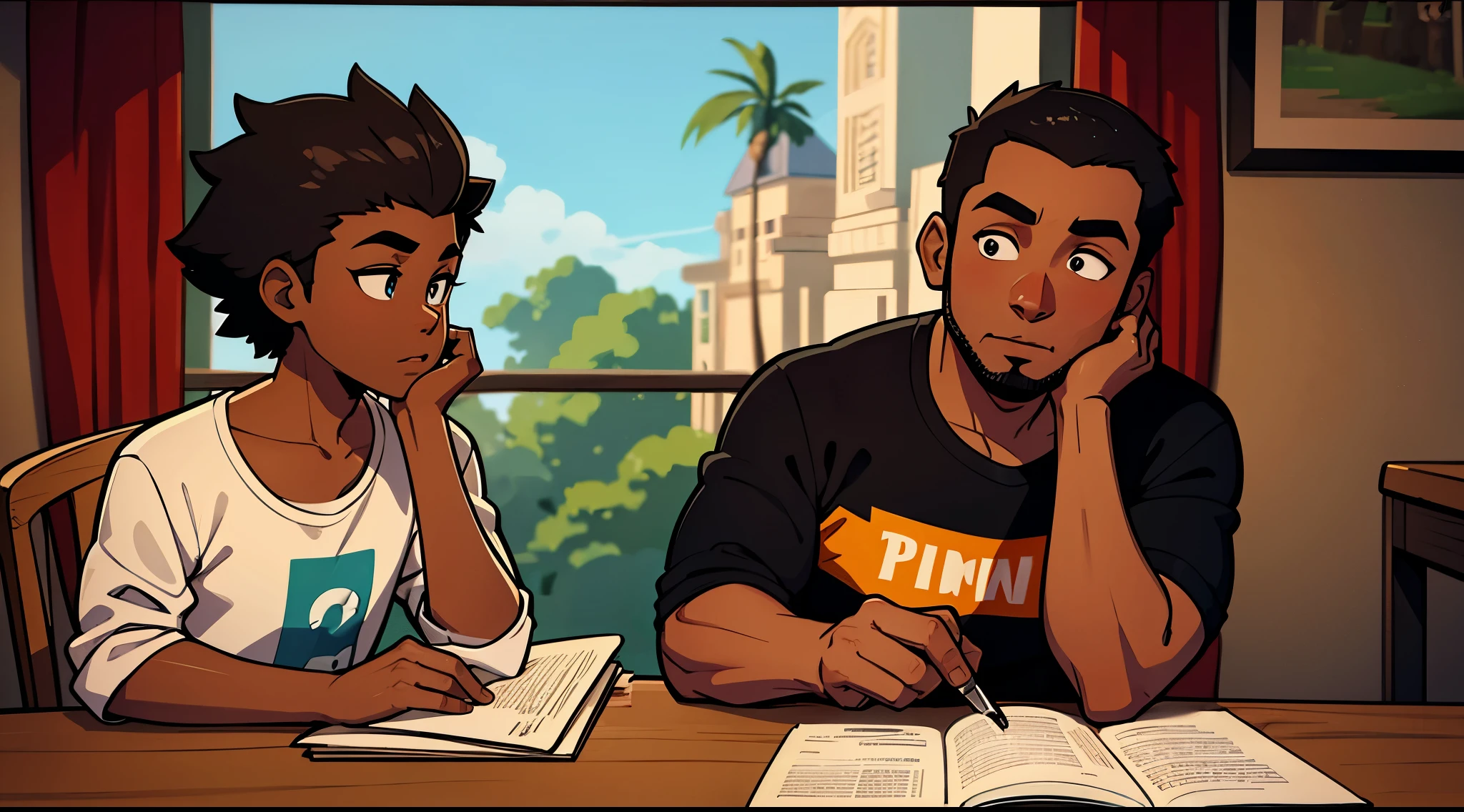 a black man sitting at the table with a script in his hand, um computador ao seu lado, escritorio, slightly distant view, 2d, disney,